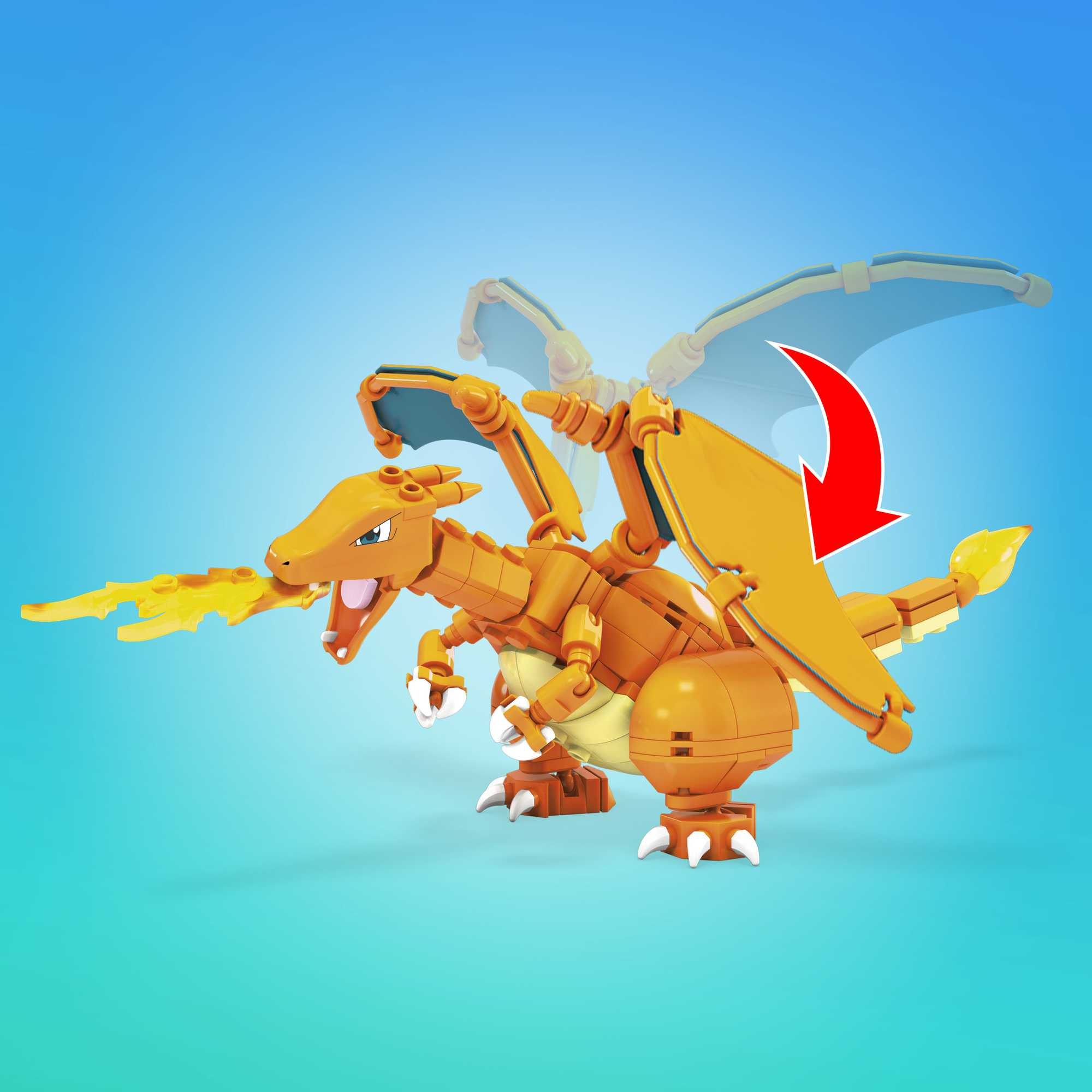Orange Charizard Lego Figur mit Flügeln und Flamme. Ein roter Pfeil zeigt die Flügelbewegung auf blauem Hintergrund.