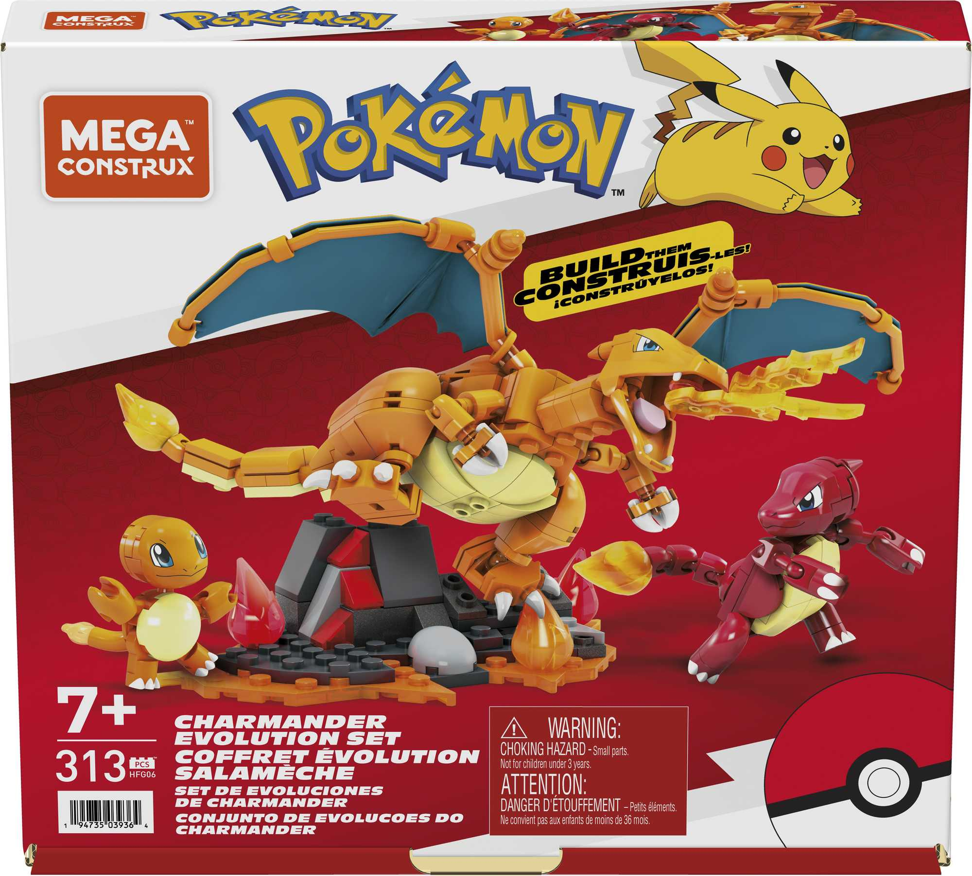 Box-Art für ein Pokemon Mega Construx-Set. Es zeigt Charizard, Glutexo und Glumanda. Die Schachtel ist rot mit einem Pokéball.