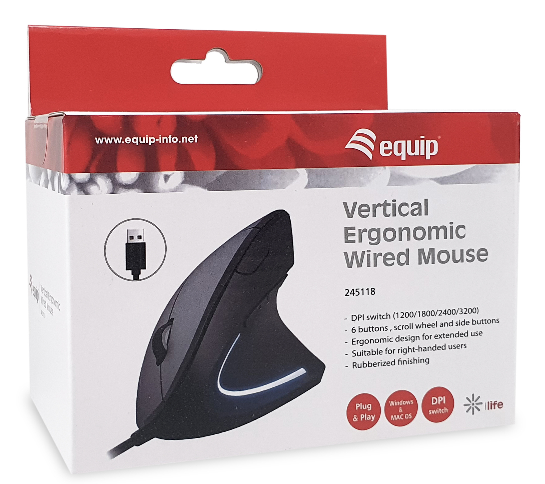 Mouse cablato ergonomico verticale nero in scatola. Il testo include caratteristiche e marchio equip.