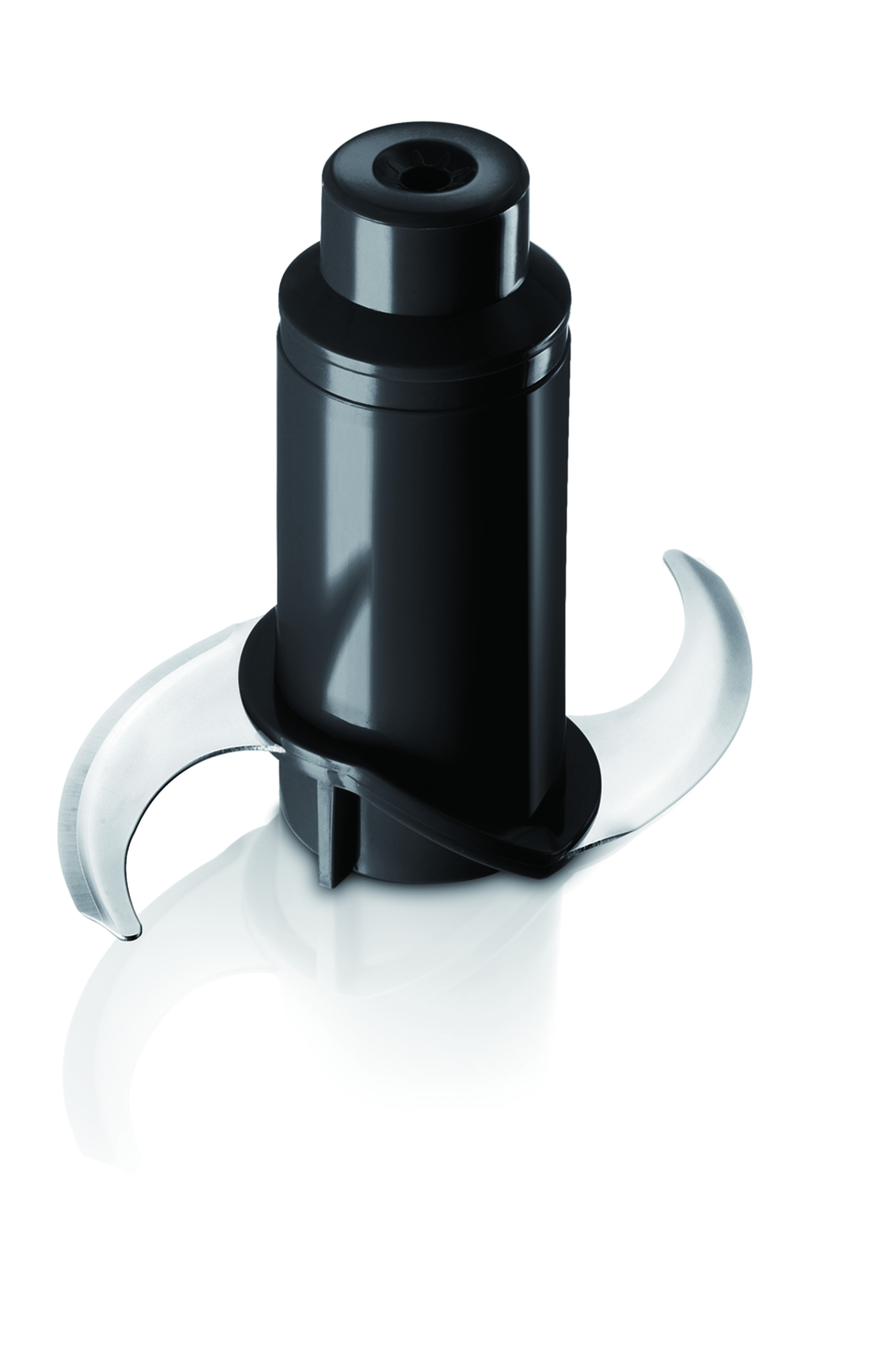 Zestaw ostrzy robota kuchennego. Posiada czarny plastikowy korpus z dwoma zakrzywionymi, srebrnymi ostrzami.