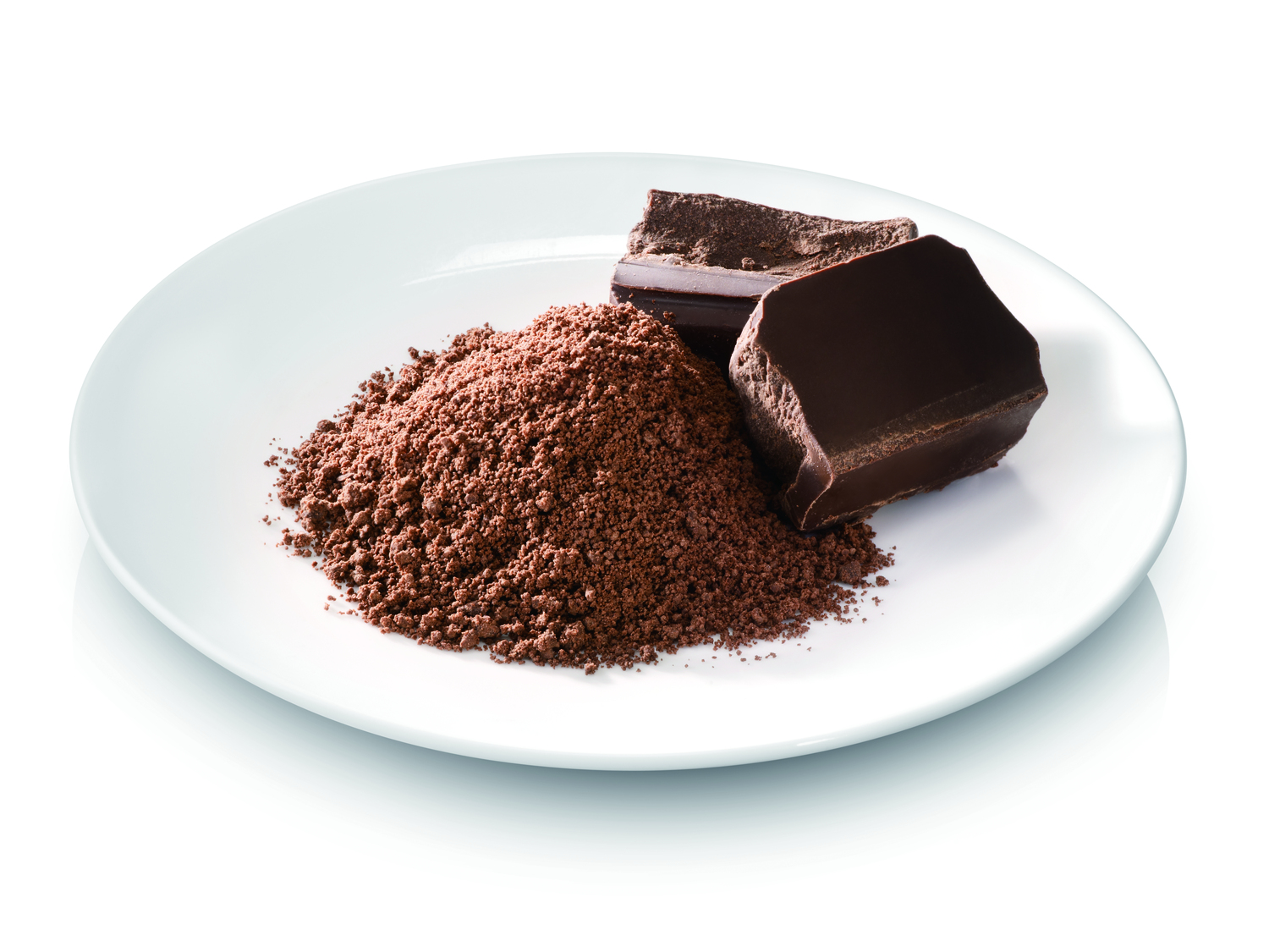 Biały talerz z kawałkami gorzkiej czekolady i kakao w proszku. Czekolada jest stała, a kakao to drobny, brązowy proszek.