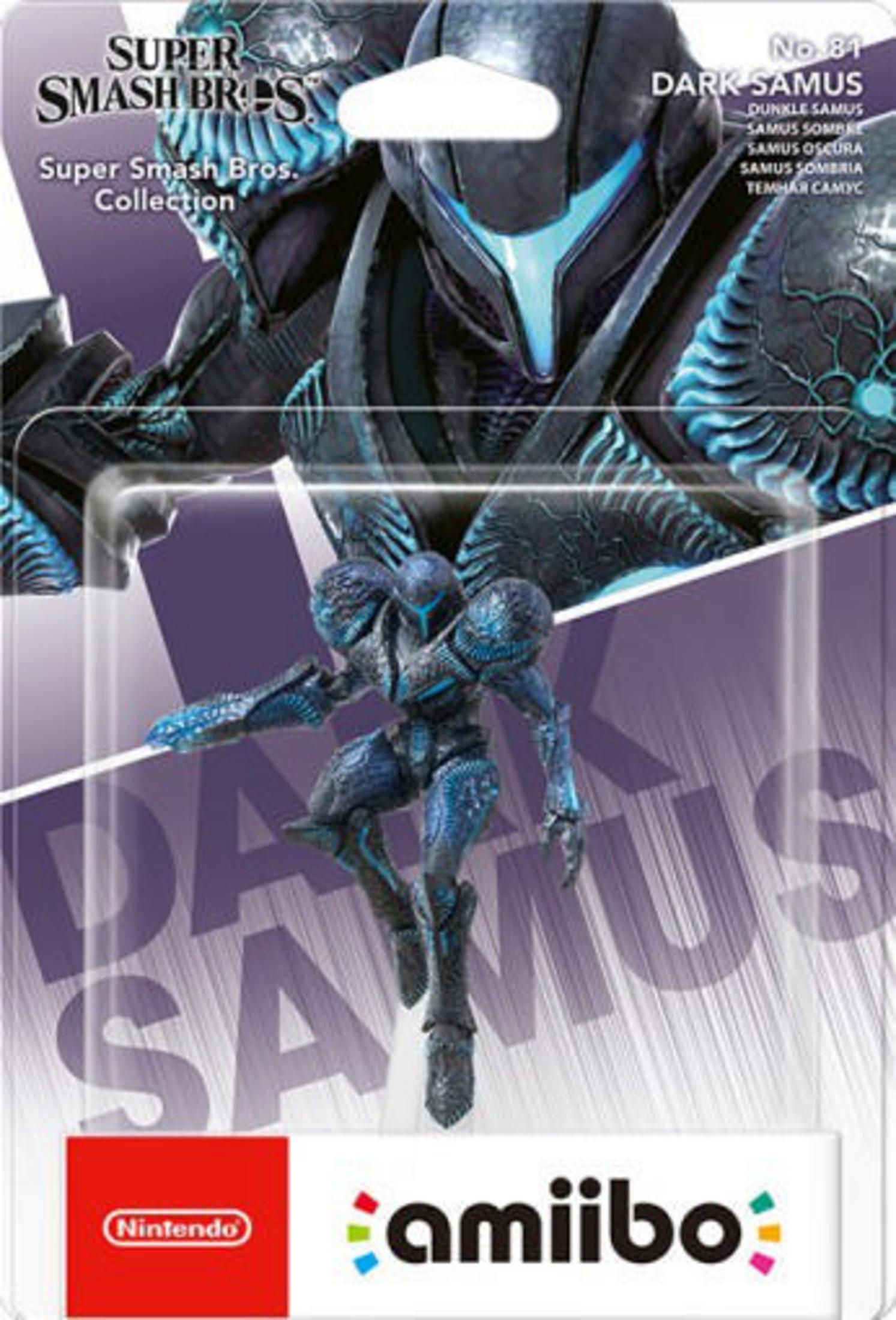 Figura amiibo di Dark Samus nella confezione. La figura è blu e nera. La confezione ha il marchio Super Smash Bros.