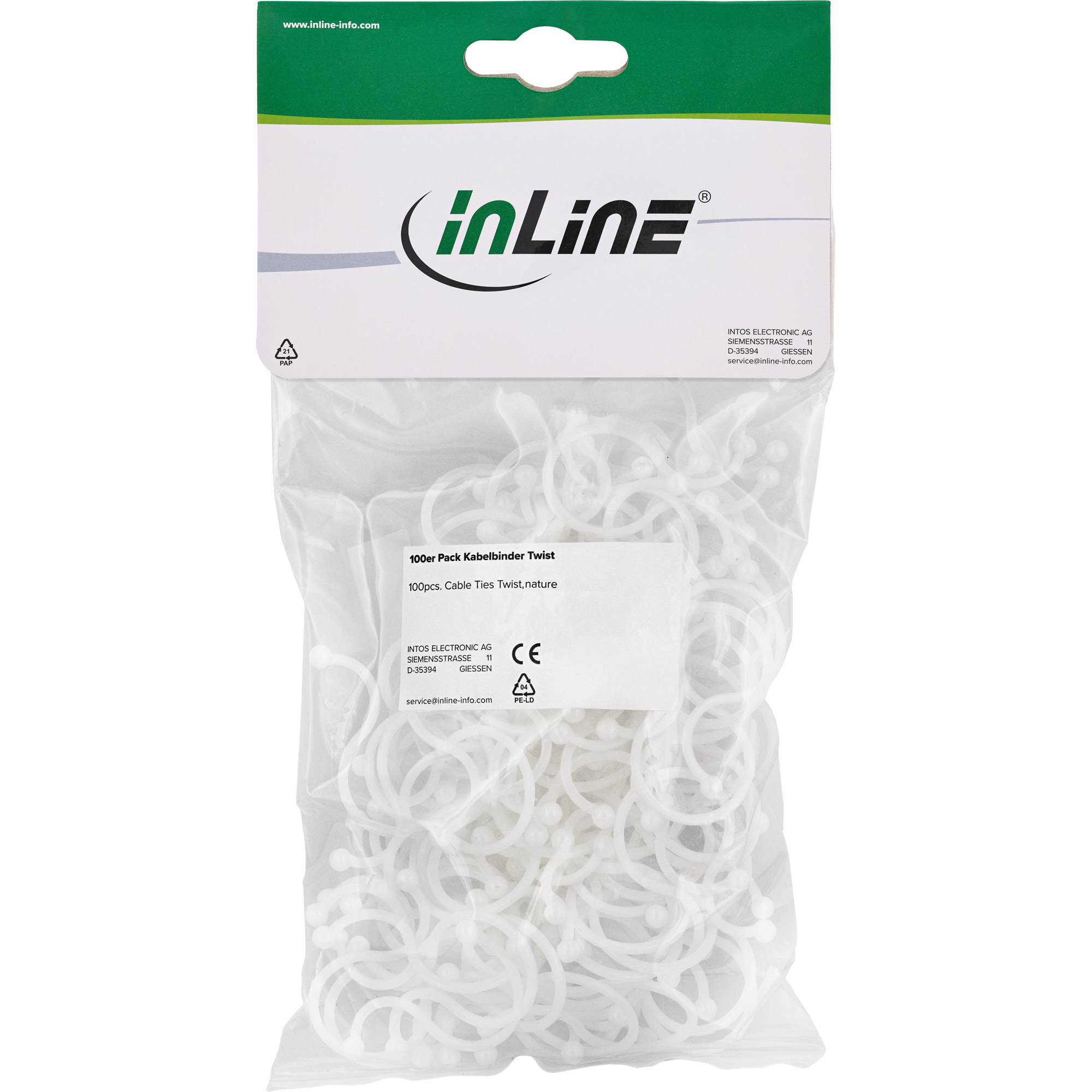 Eine Packung weiße Kabelbinder mit dem Logo 'inLine'. Die Verpackung ist transparent.