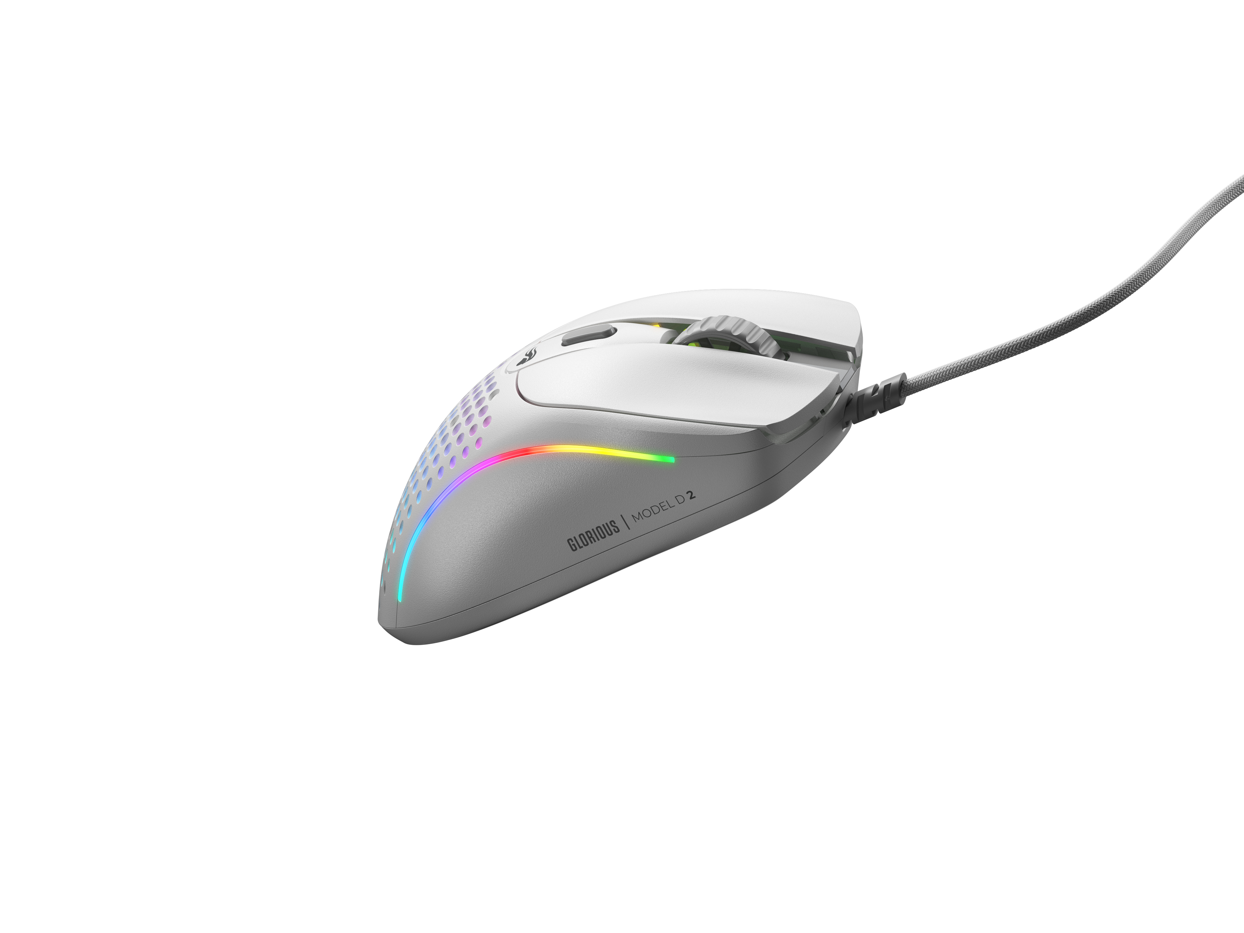 Un mouse da gioco Glorious Model D 2 bianco e grigio con una striscia LED arcobaleno e un cavo intrecciato su sfondo bianco.