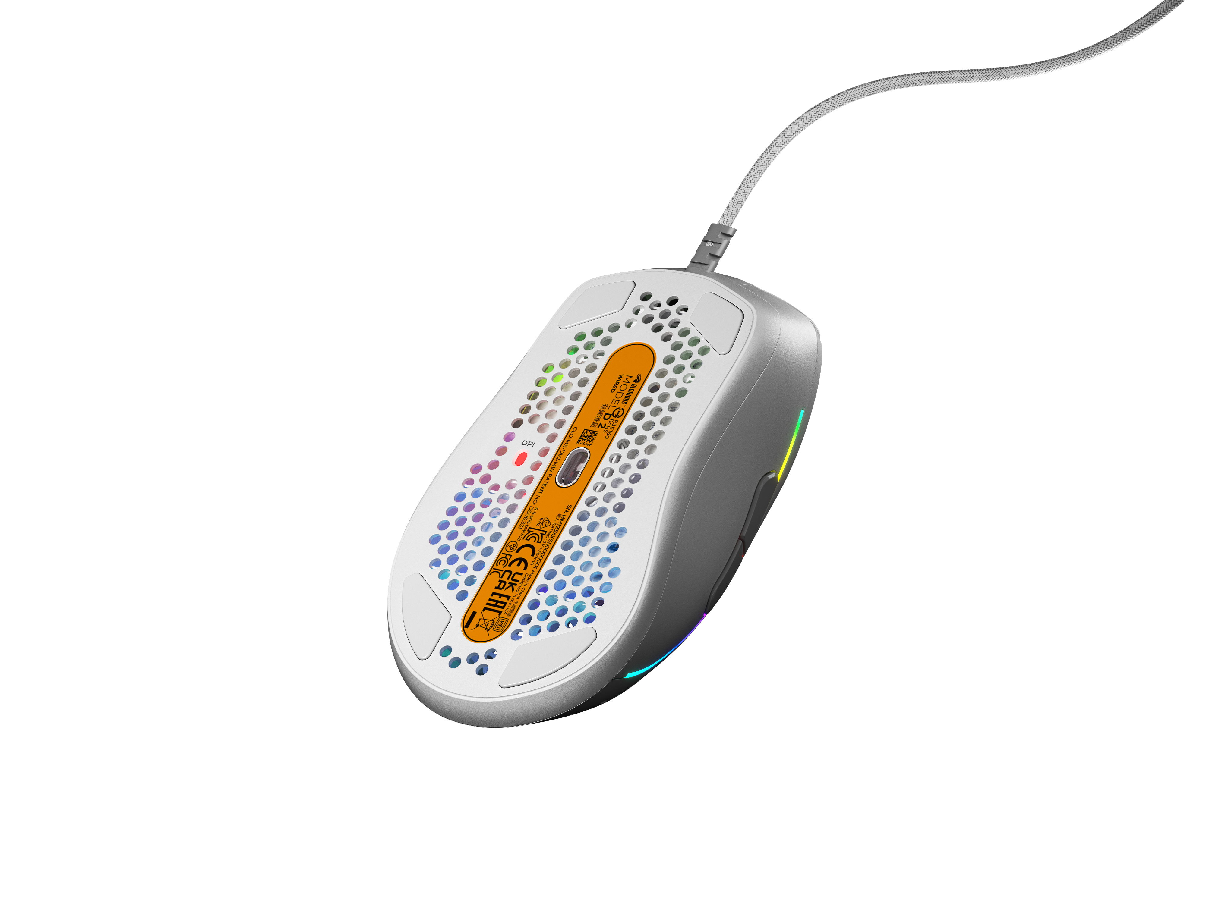 Un mouse per computer visto dal basso, con un cavo collegato. È bianco e grigio con luci colorate.