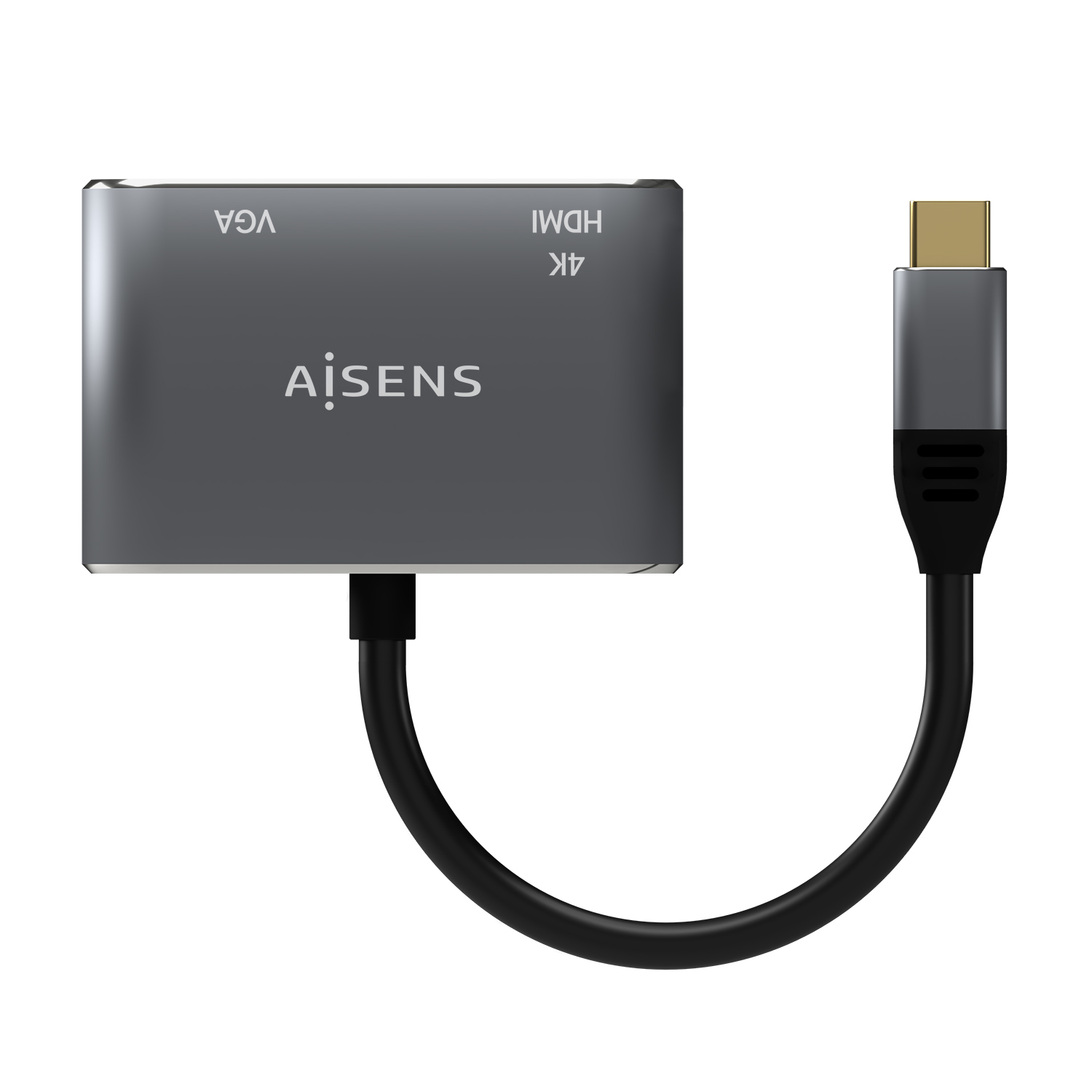 Un adaptador gris con conectores VGA, HDMI y USB-C. La marca 'AiSENS' es visible. Un cable negro se conecta al USB-C.