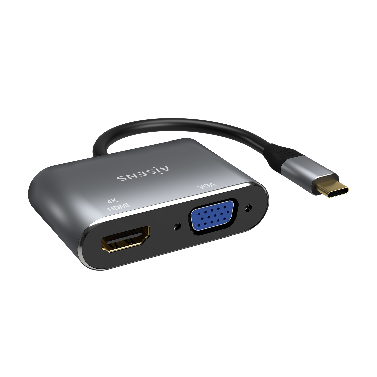 Un adaptador gris y plateado con conectores HDMI, VGA y USB-C. La marca 'AISENS' está impresa. Un cable negro se conecta al USB-C.