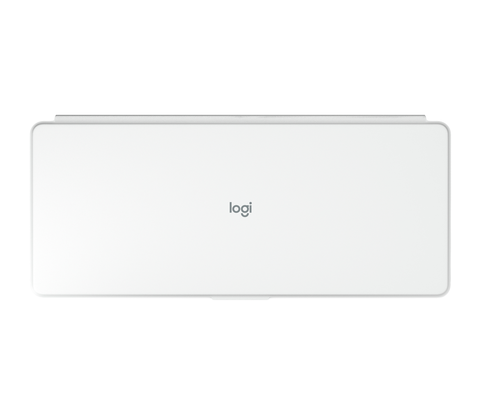 Biała klawiatura Logitech z logo pośrodku. Klawiatura jest prostokątna z zaokrąglonymi rogami.