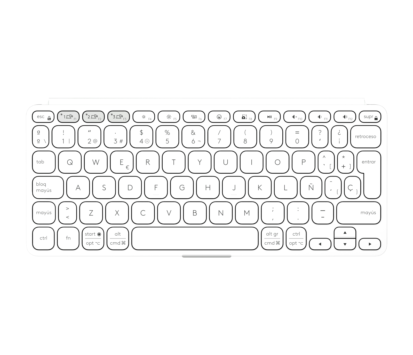 Biała klawiatura z czarnymi klawiszami. Zawiera klawisze funkcyjne, litery, cyfry i symbole. Układ jest kompaktowy.