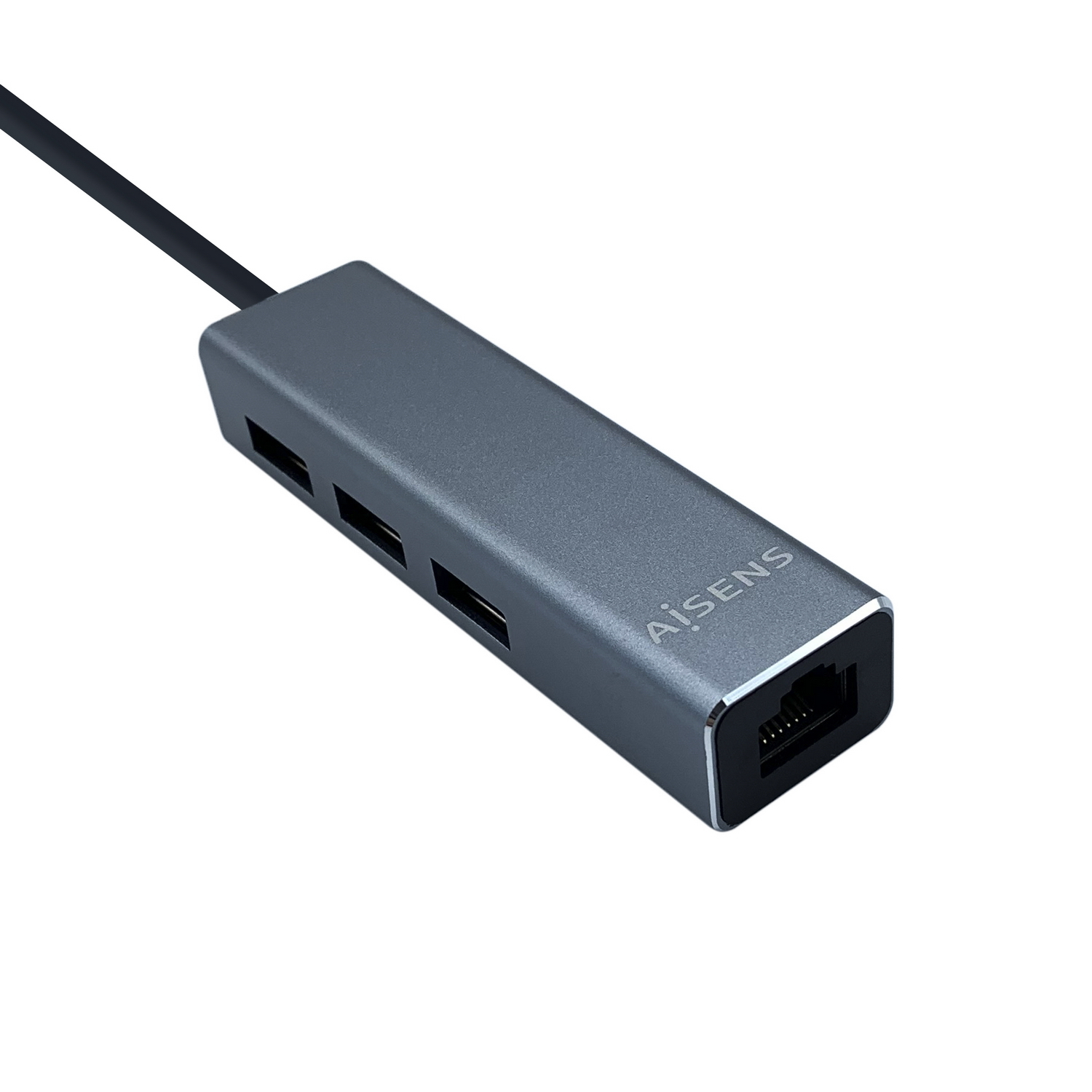 Un concentrador USB gris con la marca AiSENS. Tiene múltiples puertos y un cable negro que se extiende desde el concentrador.