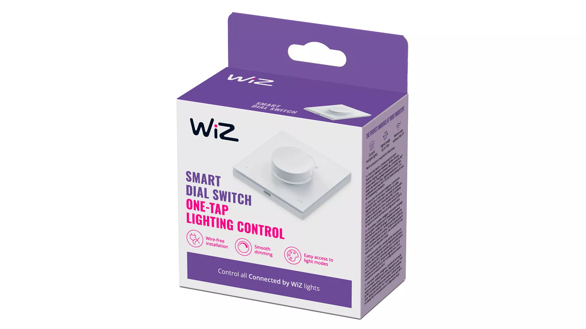 Een Wiz Smart Dial Switch doos. Het is wit en paars, met tekst en een afbeelding van het product.