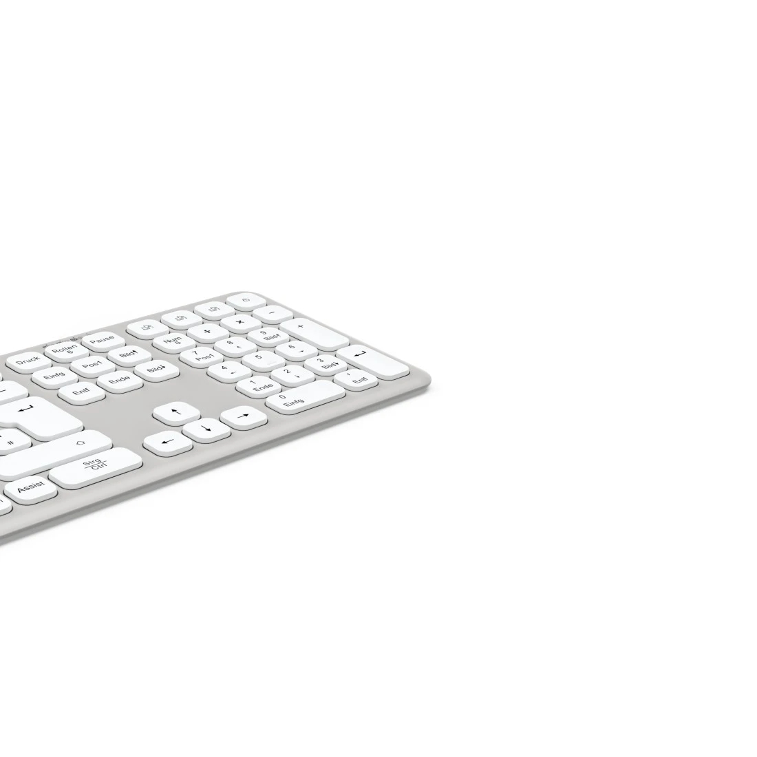 Vista de cerca de un teclado gris claro con teclas blancas. El teclado es parcialmente visible, situado en la esquina inferior izquierda.