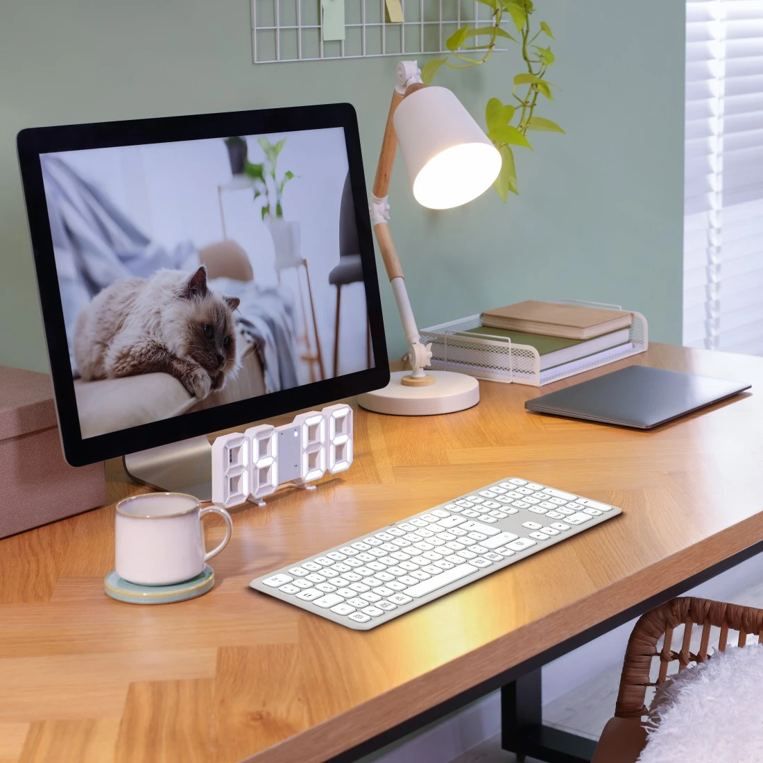 Un escritorio con una computadora que muestra un gato. Teclado, reloj, taza, lámpara, libros y portátil. Fondo: pared.