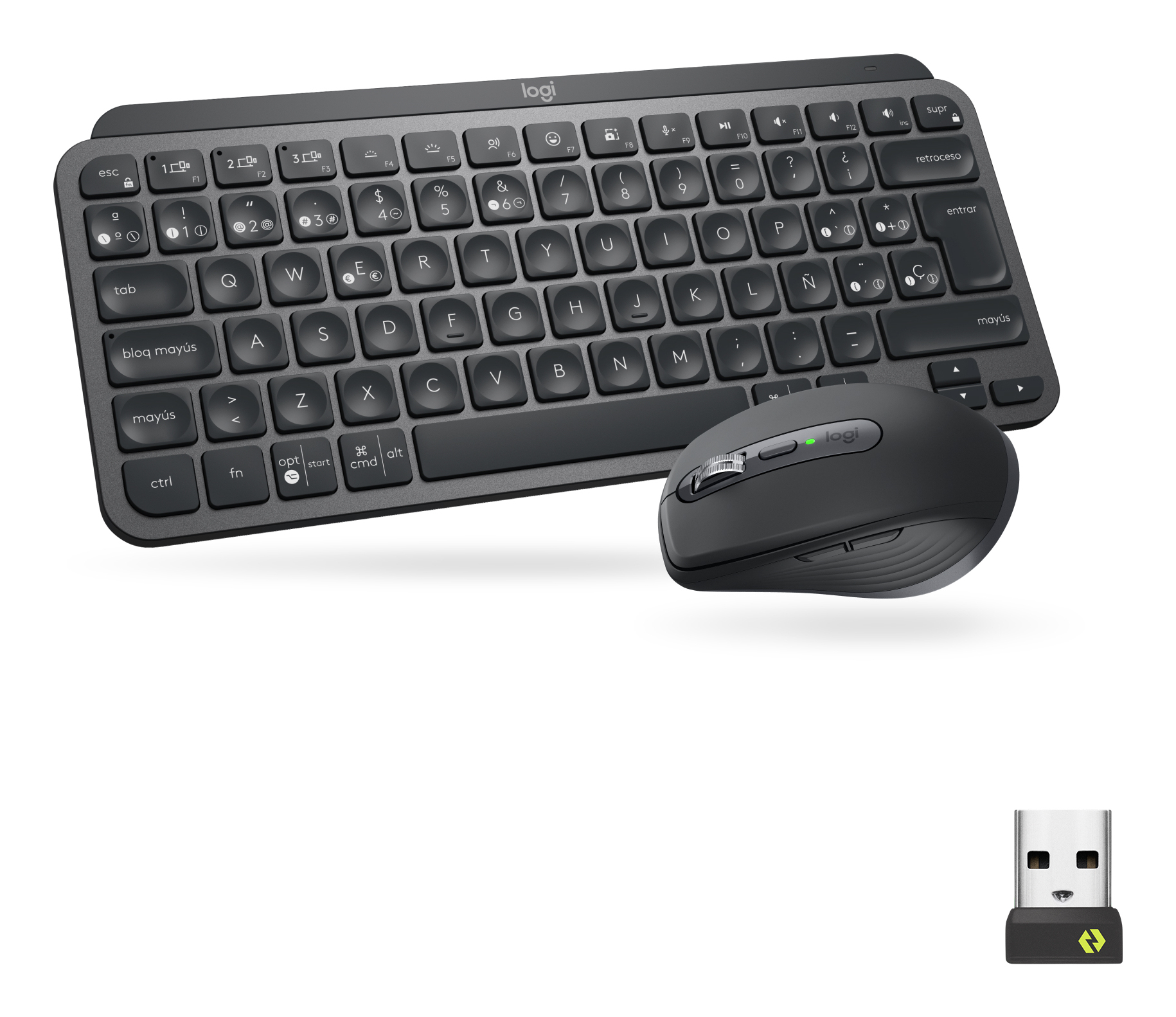 Ciemnoszara klawiatura, mysz i odbiornik USB Logitech. Klawiatura w układzie hiszpańskim.