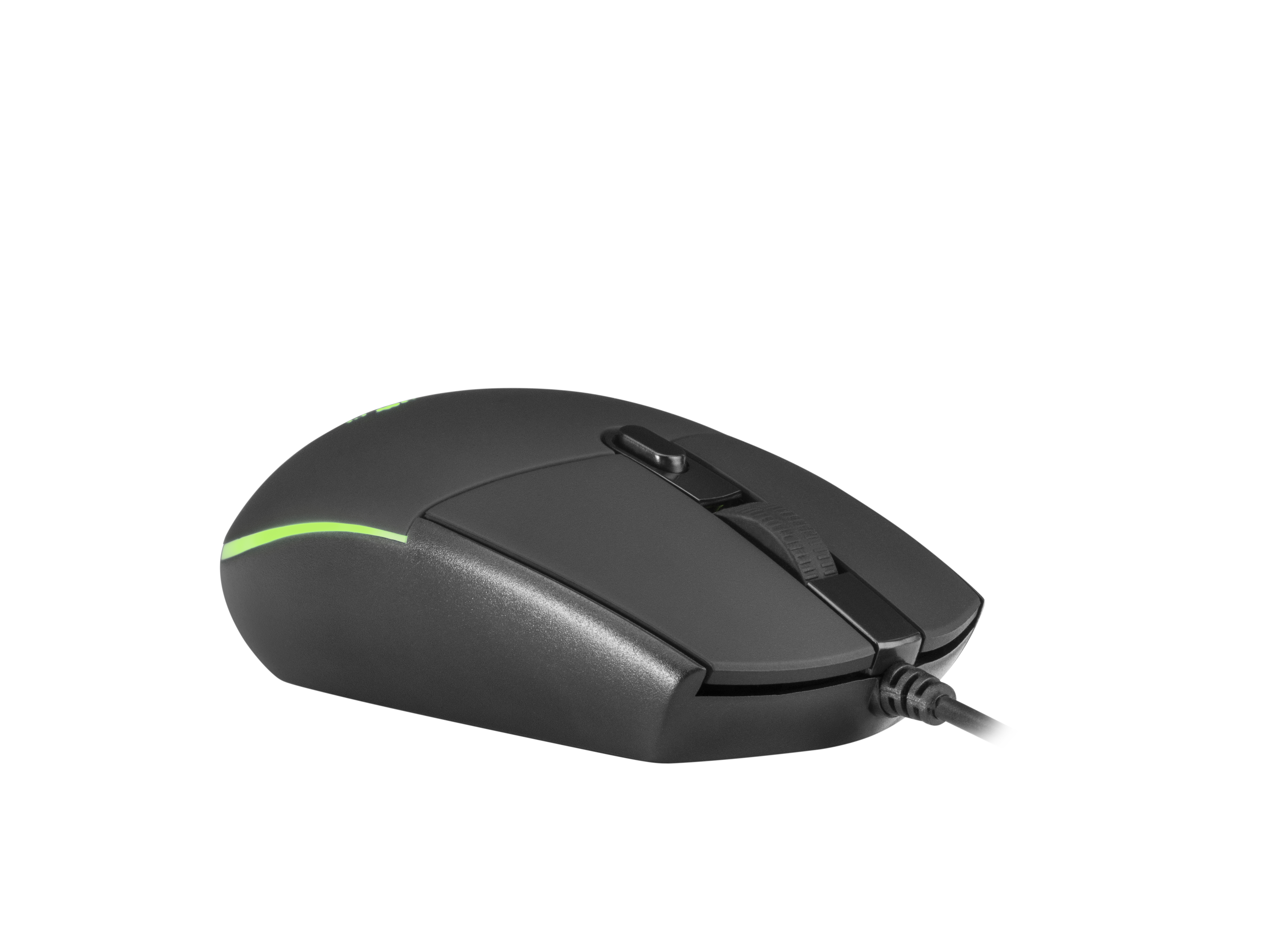 Czarna mysz komputerowa z zielonym paskiem na białym tle. Mysz ma kółko przewijania i kabel.