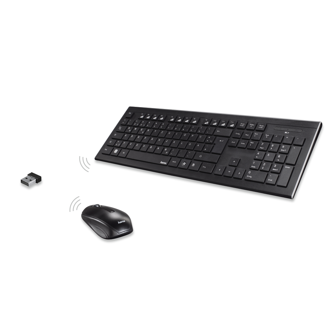 Teclado, ratón y receptor USB inalámbricos negros sobre fondo blanco. Teclado y ratón tienen la marca 'hama'.