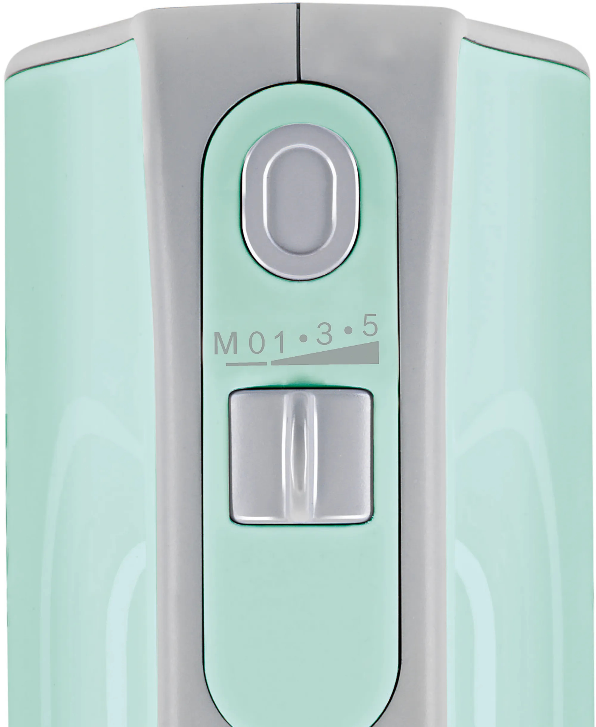 Close-up of a mixer control panel. It has a power button, speed settings, and a lever for adjusting the speed.