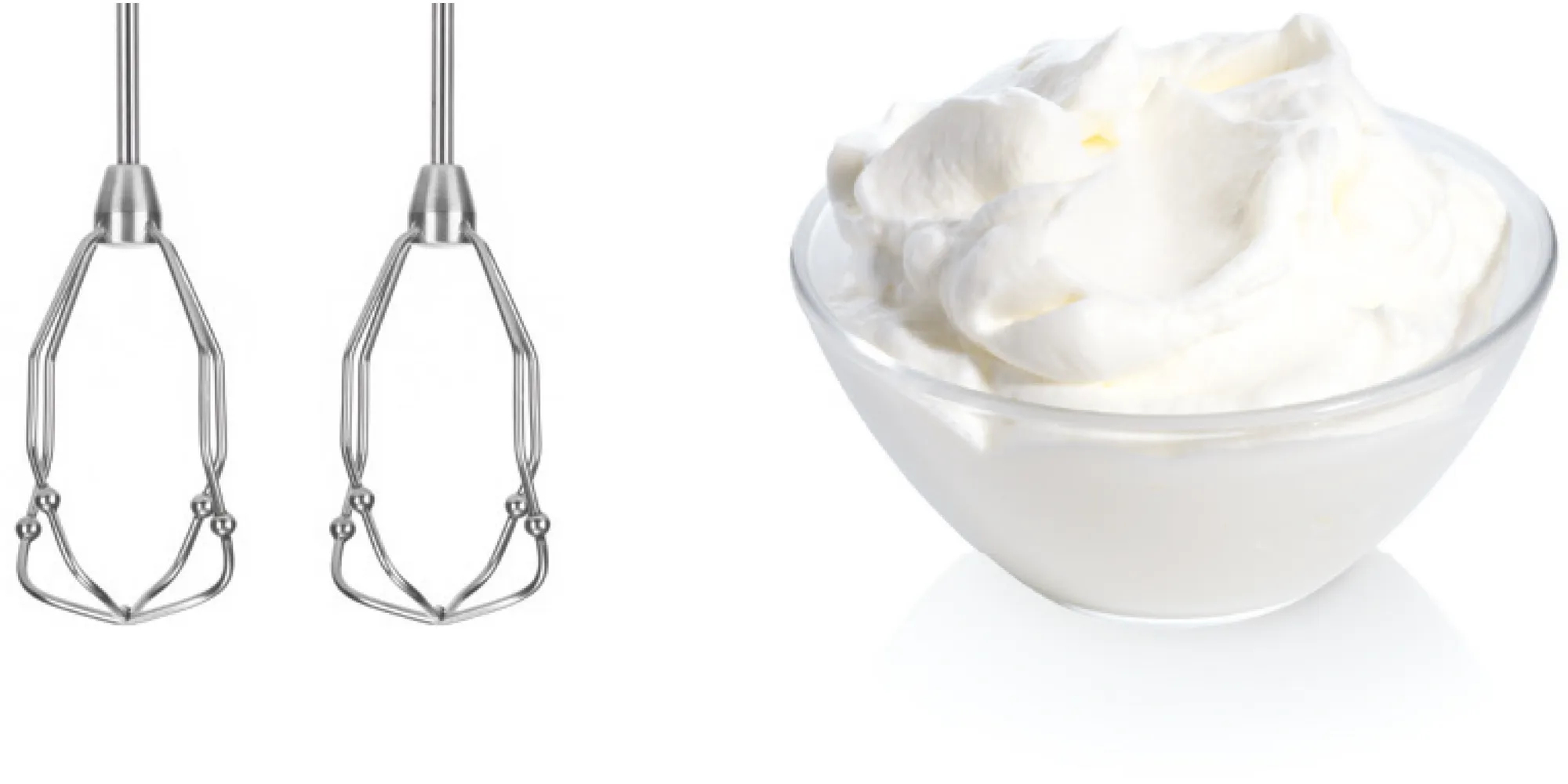 Image shows two metal whisks and a bowl of whipped cream. The cream is white and fluffy, the bowl is transparent.
