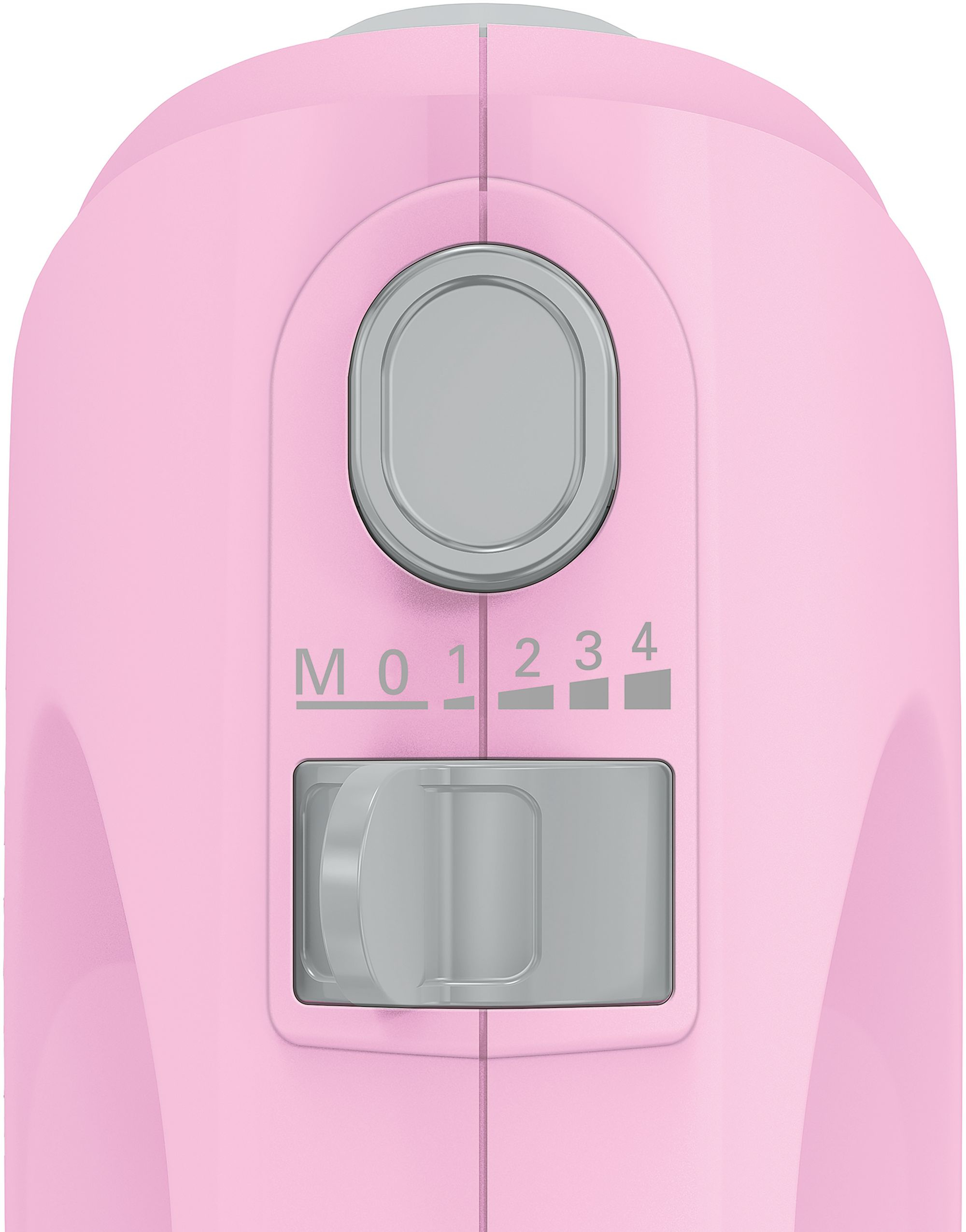 Dispositivo rosa con controlli grigi. Ha un pulsante ovale, un cursore e i numeri 0-4. Il cursore è impostato su 0.
