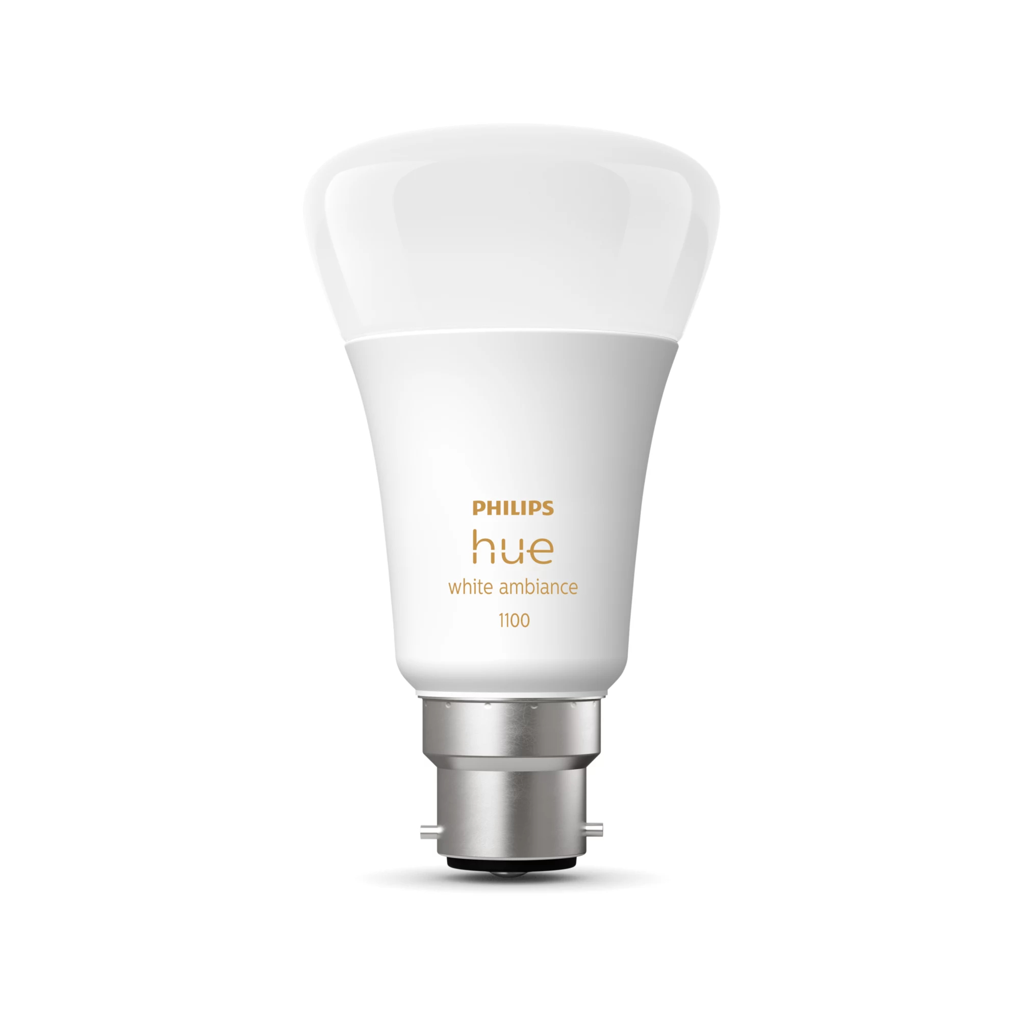 Biała żarówka Philips Hue z zaokrągloną górą i srebrną podstawą, na białym tle.
