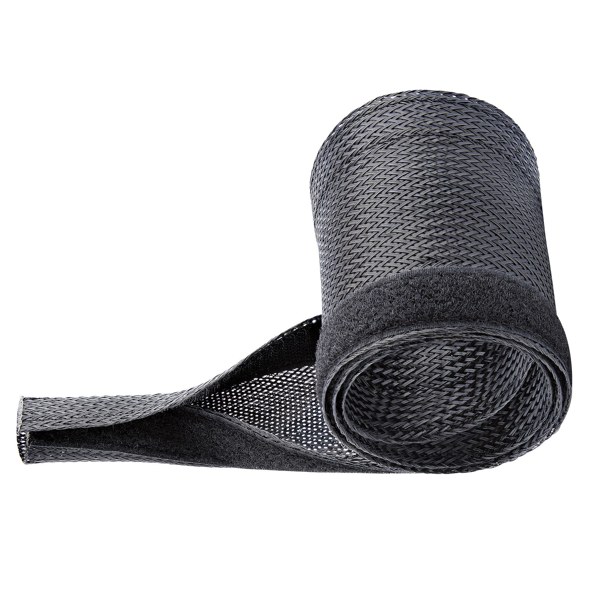 Material negro enrollado, similar a una malla, con tira de velcro. El material tiene un patrón tejido sobre fondo blanco.