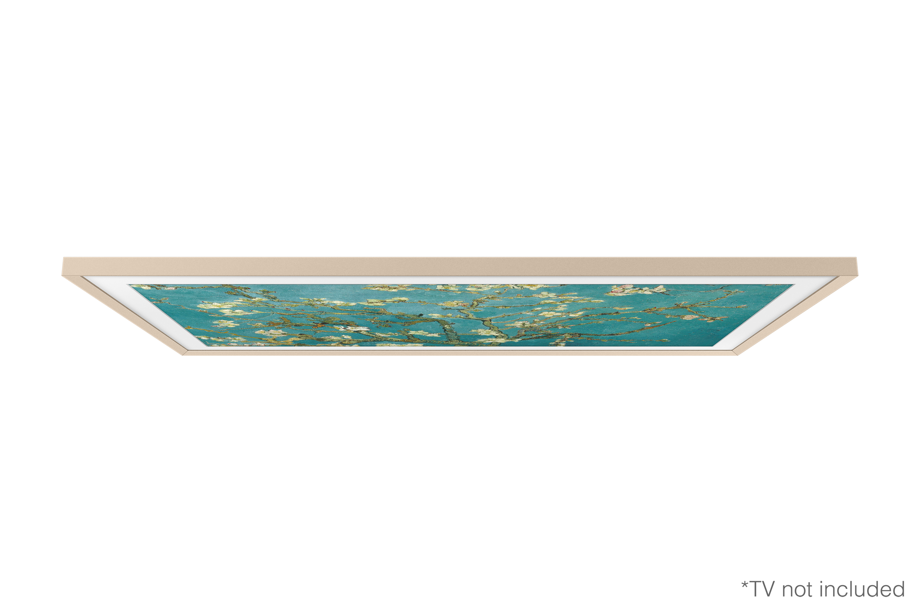 Ein gerahmtes Kunstwerk im Stil von Van Gogh, vor weißem Hintergrund. Der Rahmen ist beige und abgewinkelt.