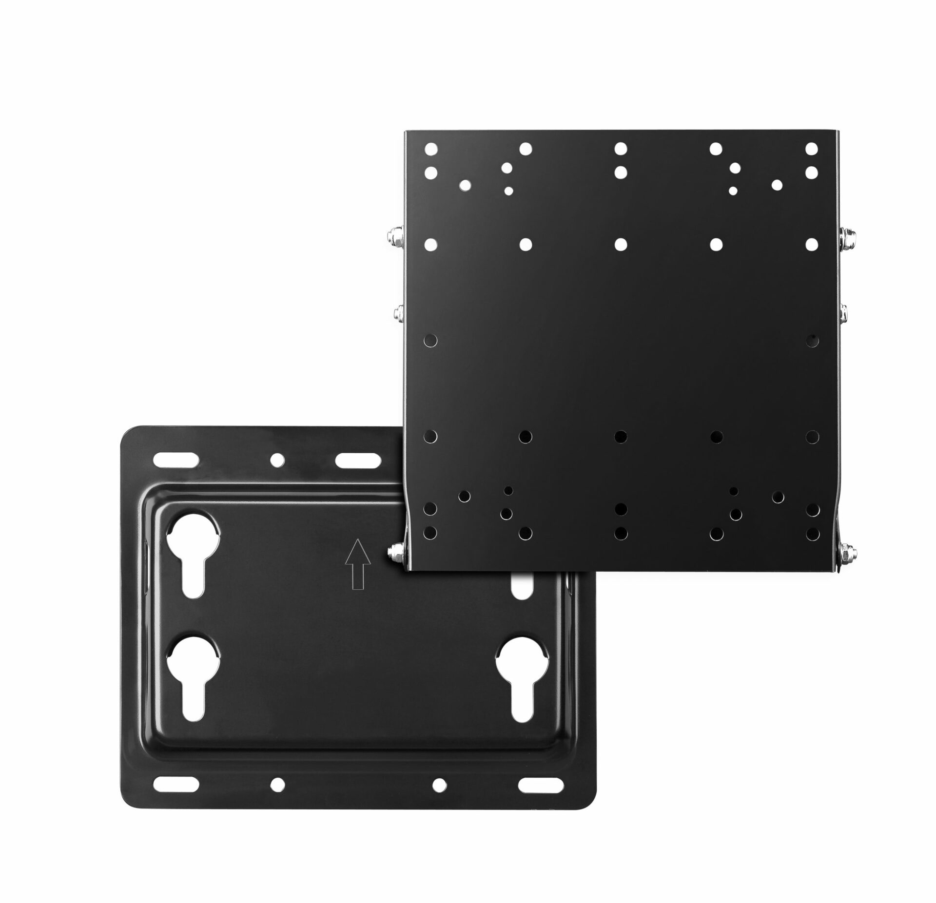Zwei schwarze TV-Metallhalterungen vor weißem Hintergrund. Eine ist abgetrennt.