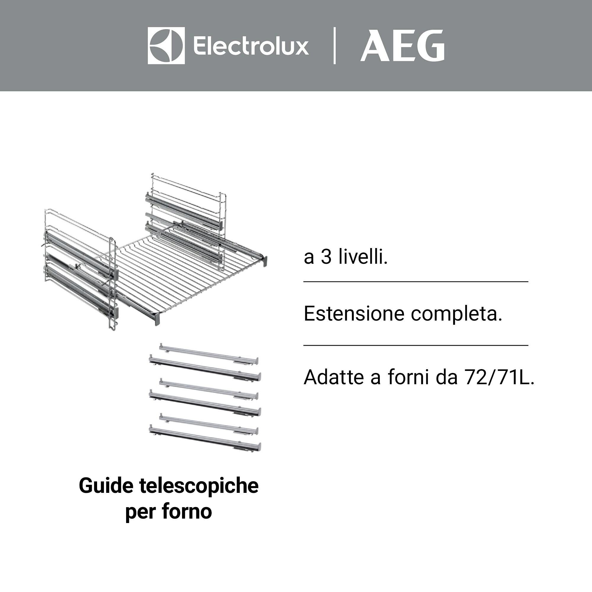 Imagen muestra guías telescópicas para horno. Texto: 3 niveles, extensión completa, apto para hornos 72/71L. Logos Electrolux y AEG.