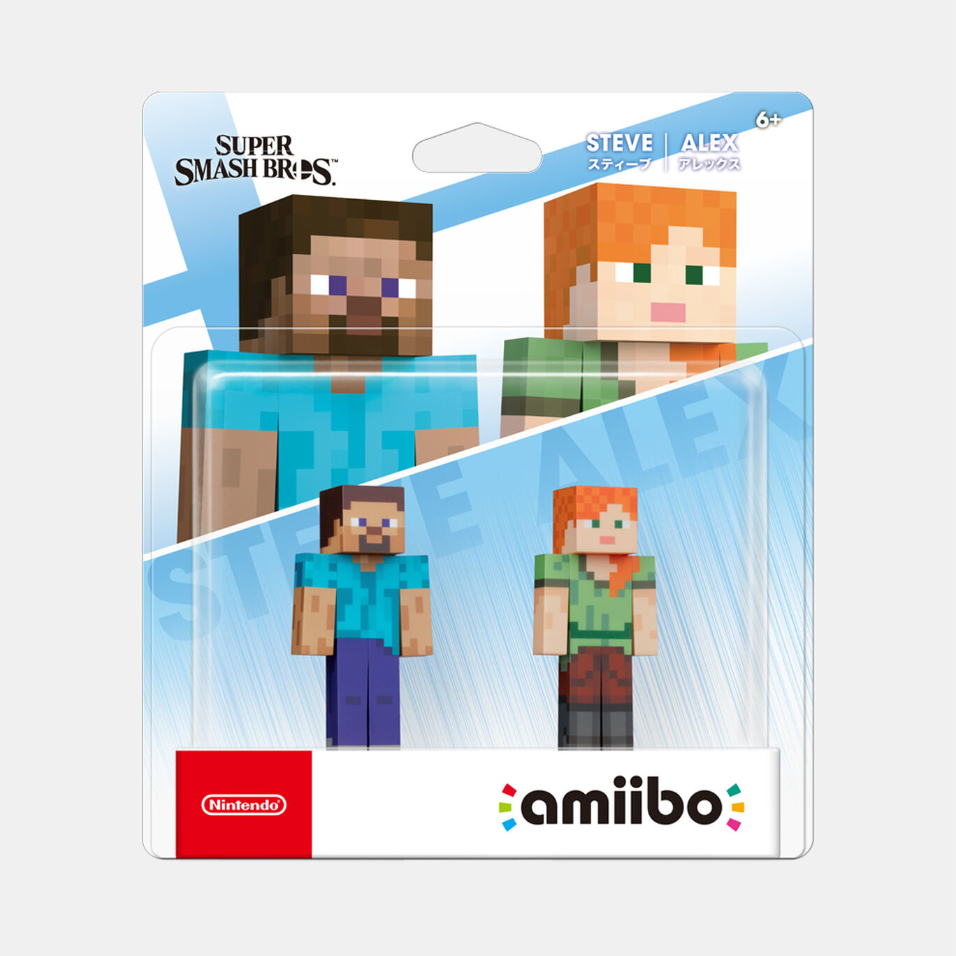Minecraft Steve und Alex amiibo Figuren in der Verpackung. Steve hat braune Haare, blaues Hemd, Alex hat orange Haare und ein grünes Hemd.