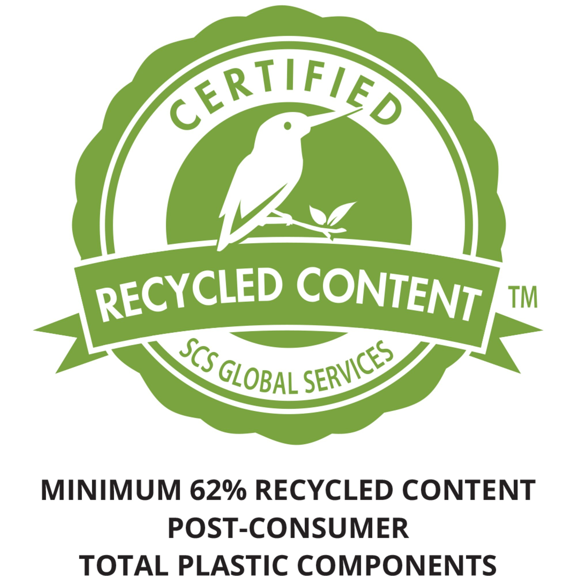 Zielone logo z napisem 'Certified Recycled Content' i ptakiem. Poniżej tekst: 'Minimum 62% Recycled Content'.
