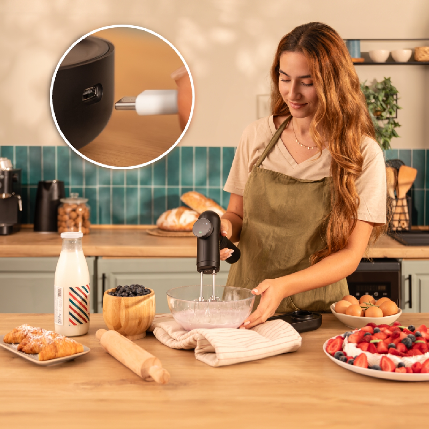 Una donna usa un frullatore a mano nero per mescolare gli ingredienti in una ciotola di vetro. Sul tavolo ci sono una torta con frutti di bosco e una bottiglia di latte.