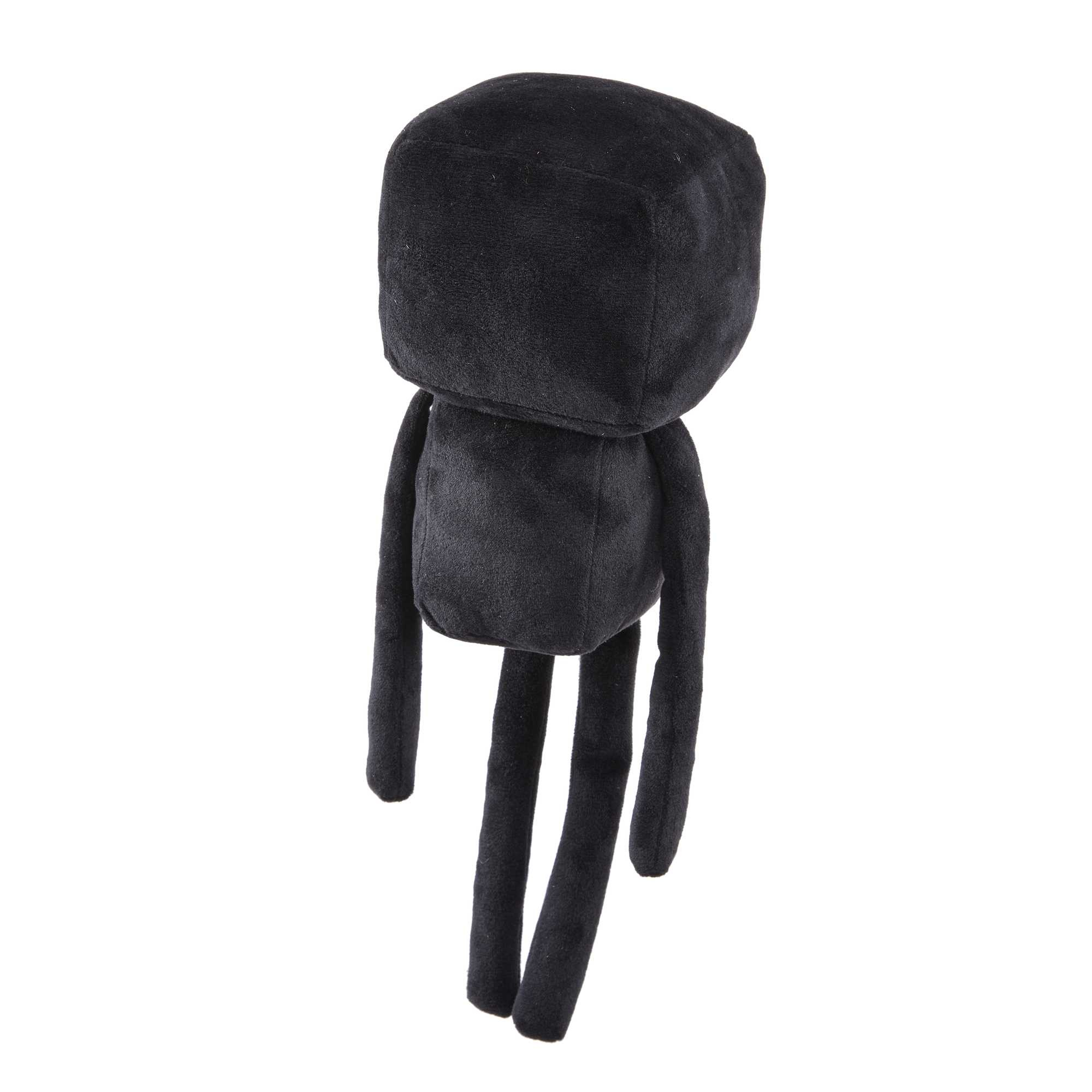 Ein schwarzes Minecraft Enderman-Plüschtier steht auf weißem Hintergrund. Es hat einen quadratischen Kopf und lange Beine.