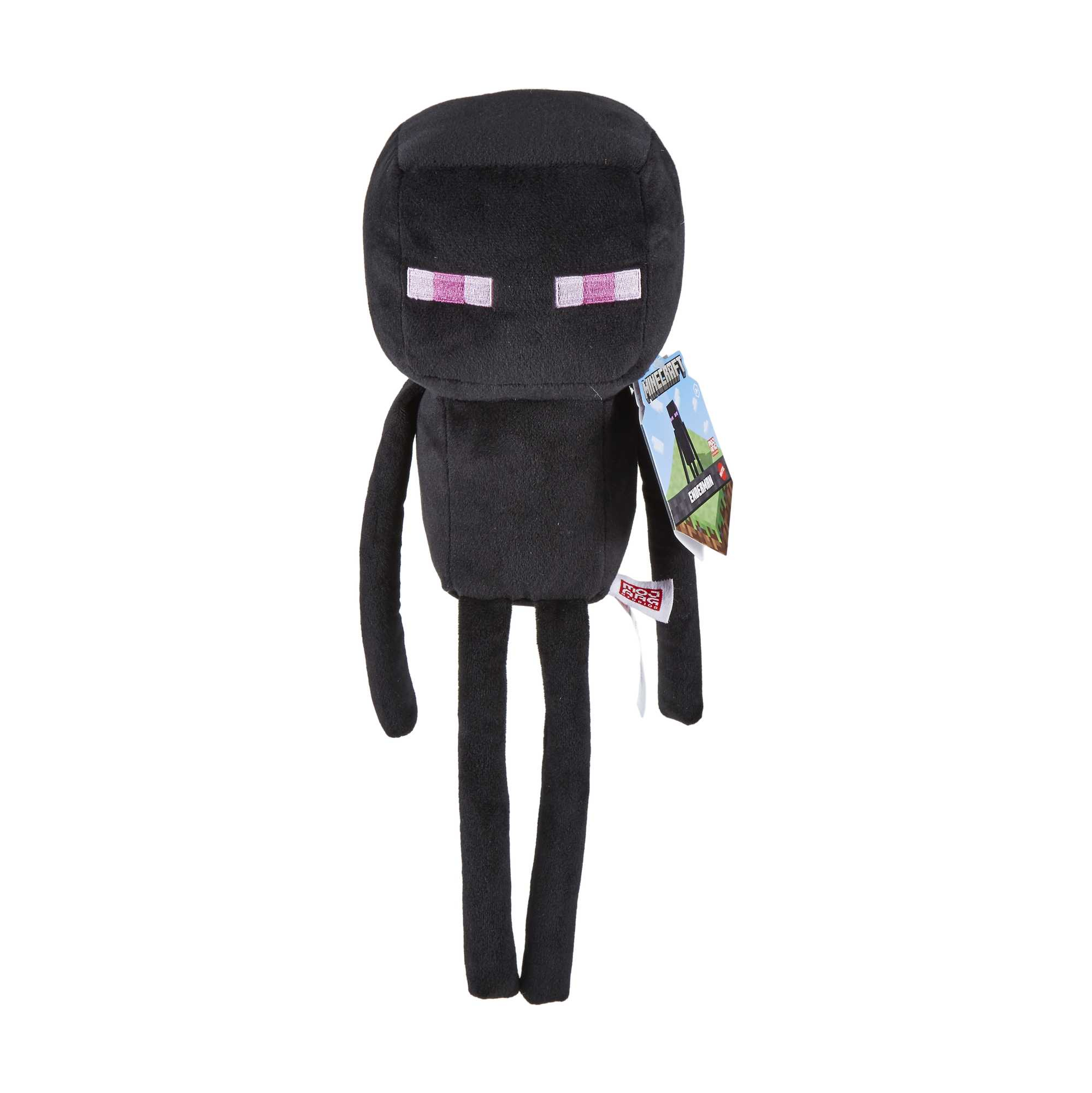Ein Minecraft Enderman Plüschtier, schwarz mit lila Augen, steht auf weißem Hintergrund, mit einem Etikett.
