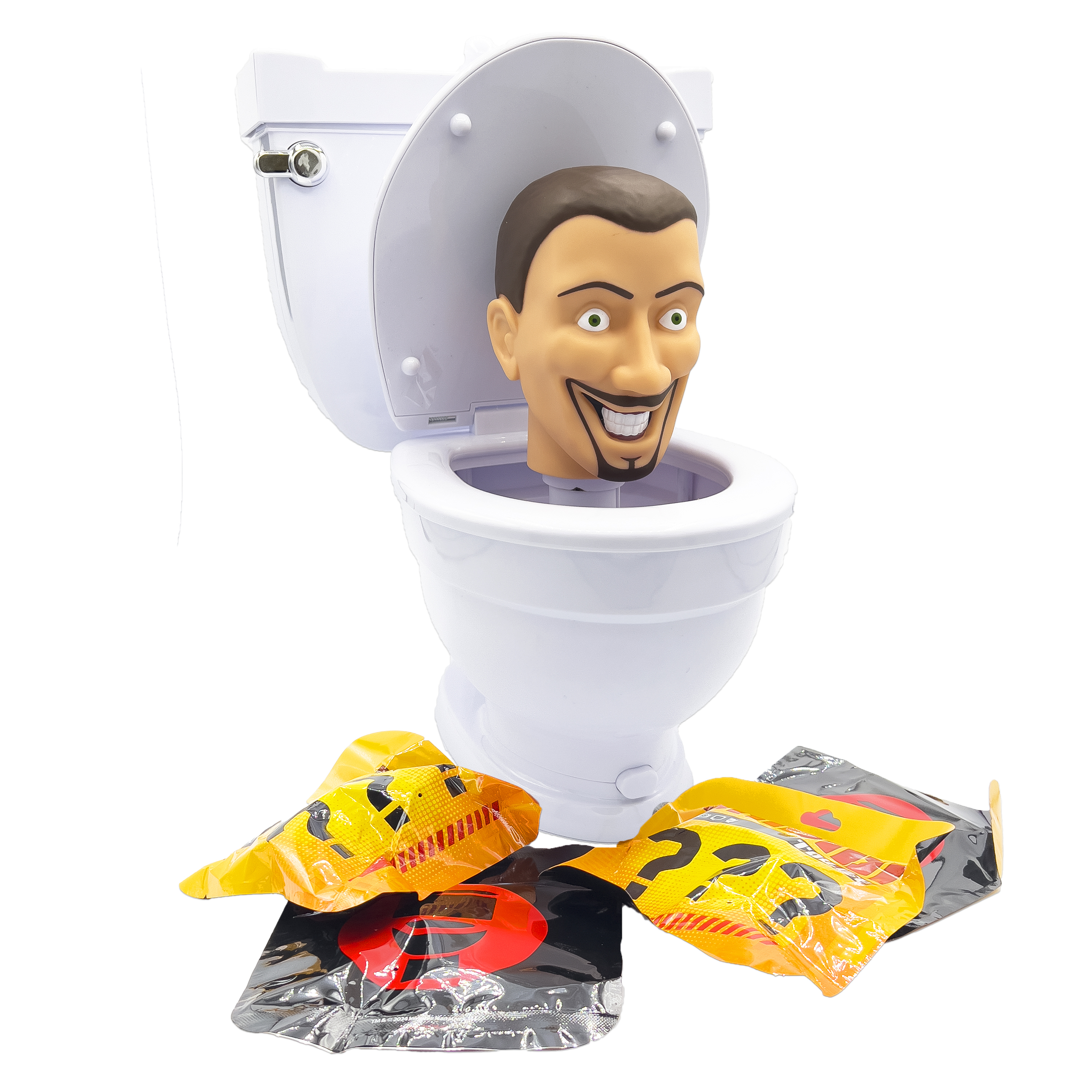Eine weiße Toilette mit einem lächelnden Kopf darin und Pakete auf dem Boden.