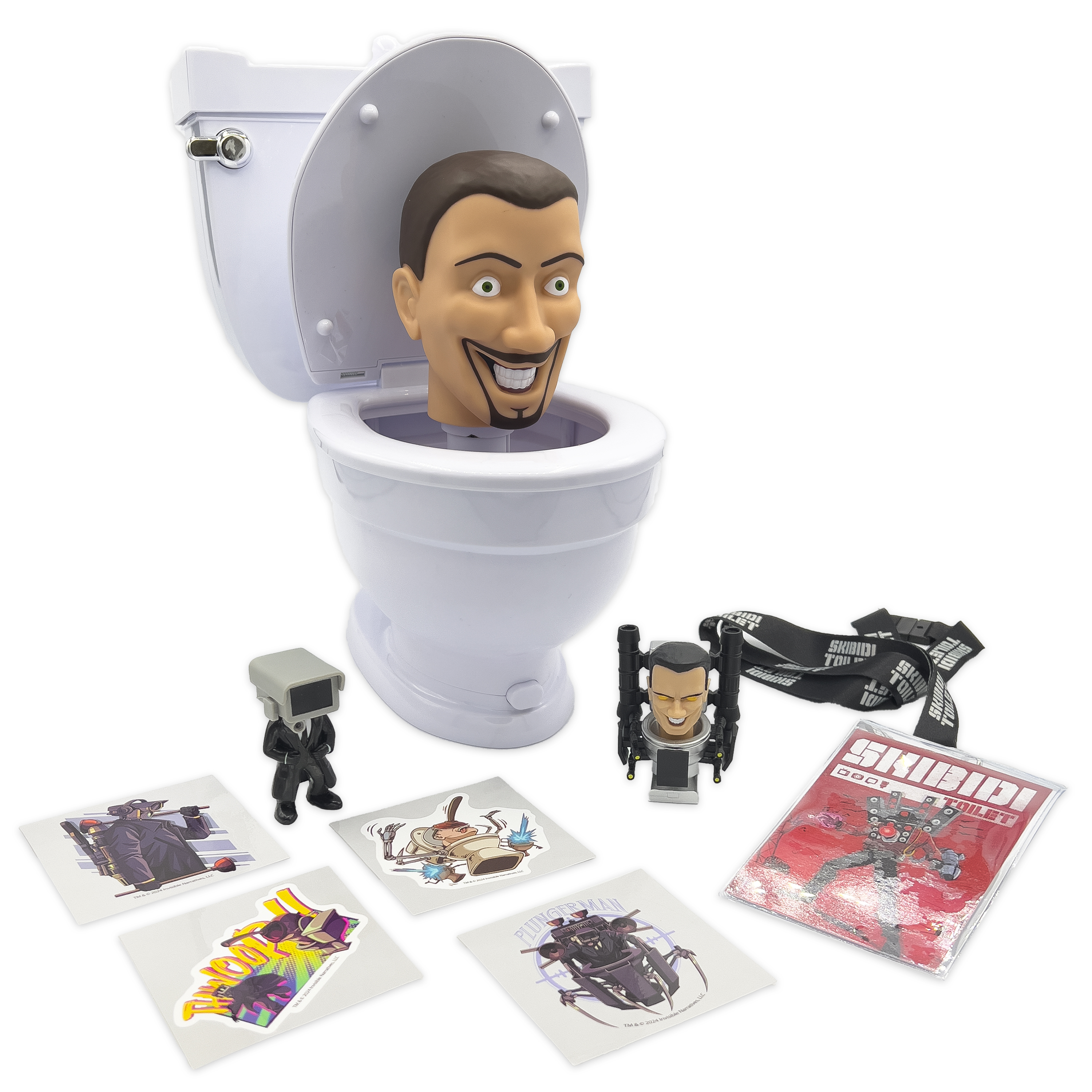 Eine weiße Toilette mit einem Kopf darin, umgeben von Figuren, Karten und einem Schlüsselband.