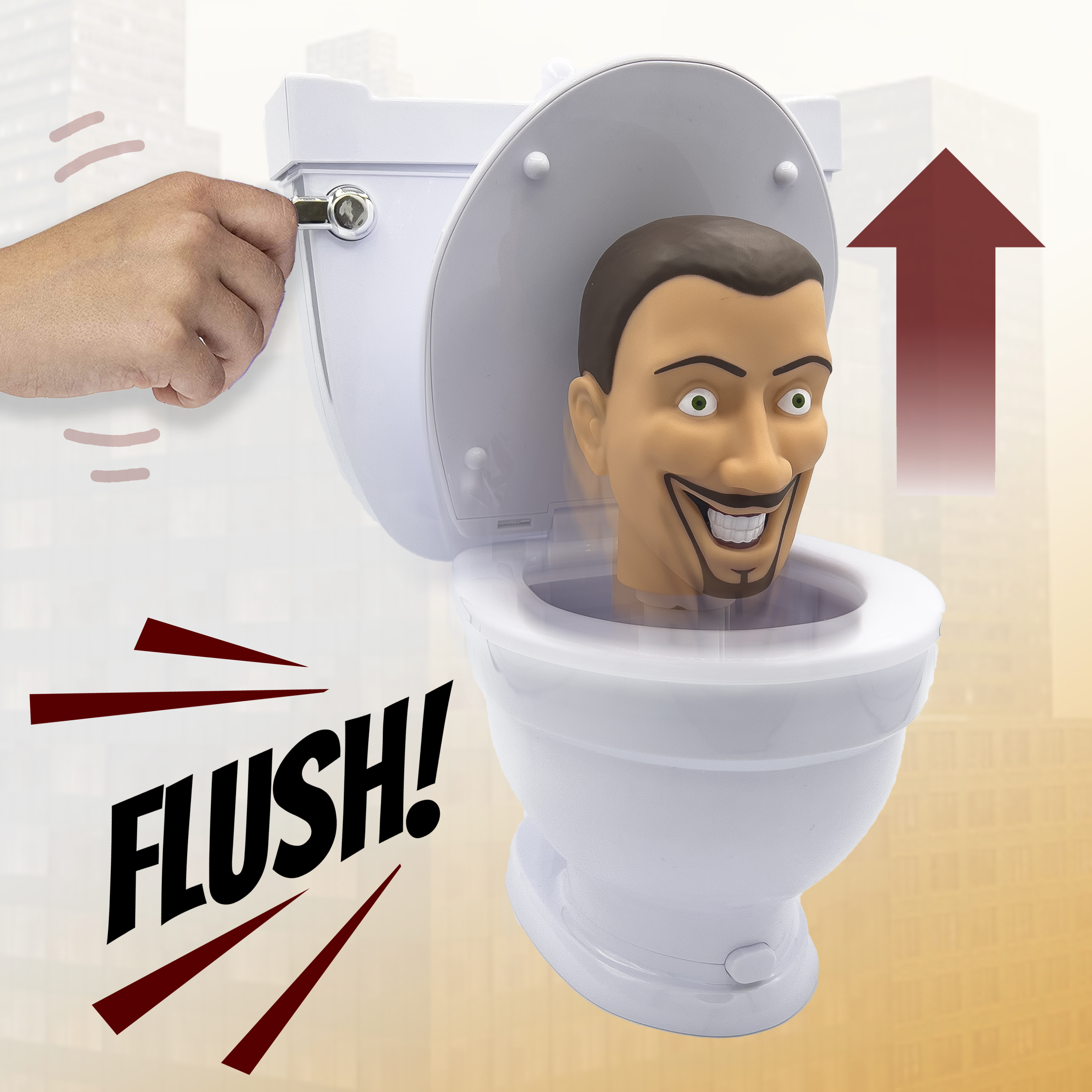 Eine Toilette mit einem Männerkopf darin. Eine Hand spült die Toilette. Roter Pfeil nach oben. Das Wort FLUSH! erscheint.
