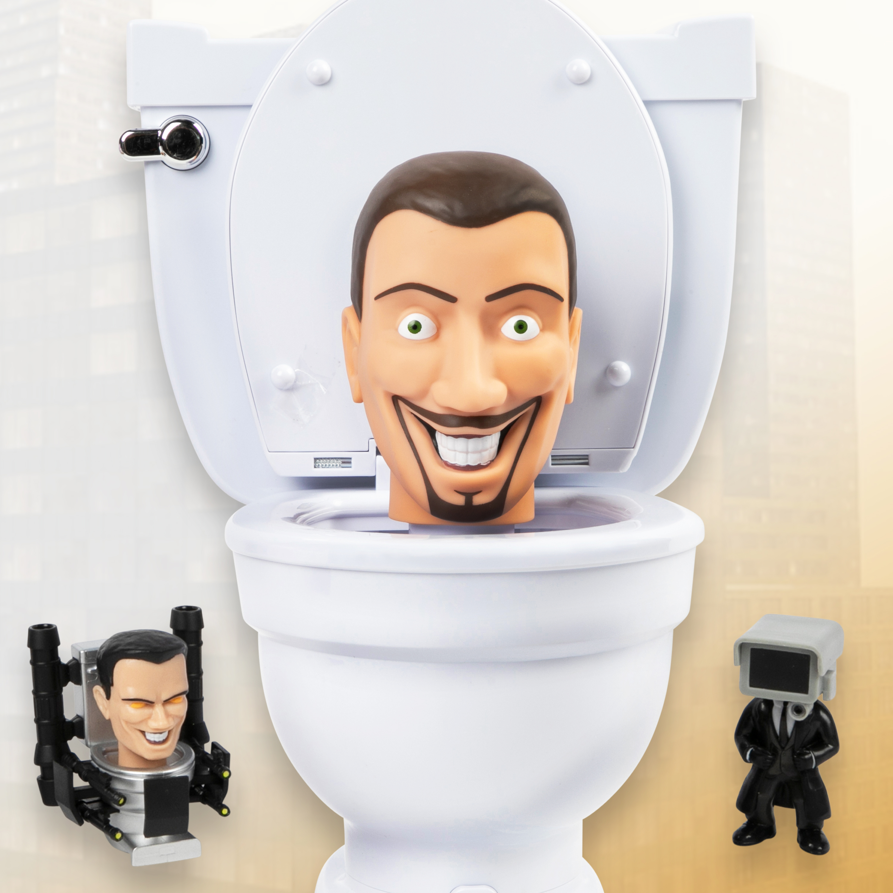 Eine Toilette mit einem lächelnden Gesicht. Zwei Spielfiguren sind an der Seite. Der Hintergrund ist ein verschwommenes Gebäude.