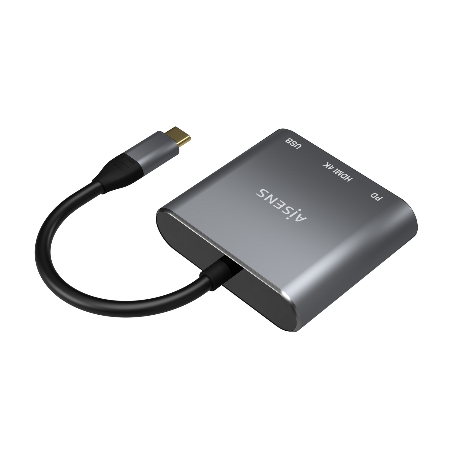 Un concentrador USB-C gris con puertos HDMI, USB y PD. Tiene un cable negro con un conector USB-C. La marca es AIsens.
