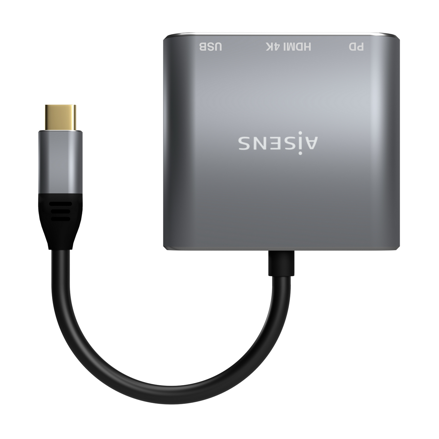 Un concentrador USB-C gris con puertos HDMI, PD y USB. Tiene un cable negro conectado a un conector USB-C. La marca es Aisens.