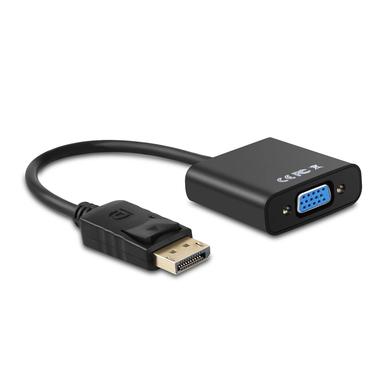 Un cable adaptador DisplayPort a VGA negro sobre fondo blanco. El extremo DisplayPort está en ángulo, el conector VGA está en el otro extremo.