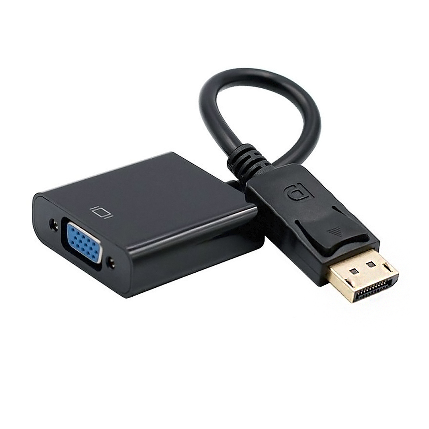 Un adaptador negro con un puerto VGA y un conector DisplayPort conectado por un cable negro sobre fondo blanco.