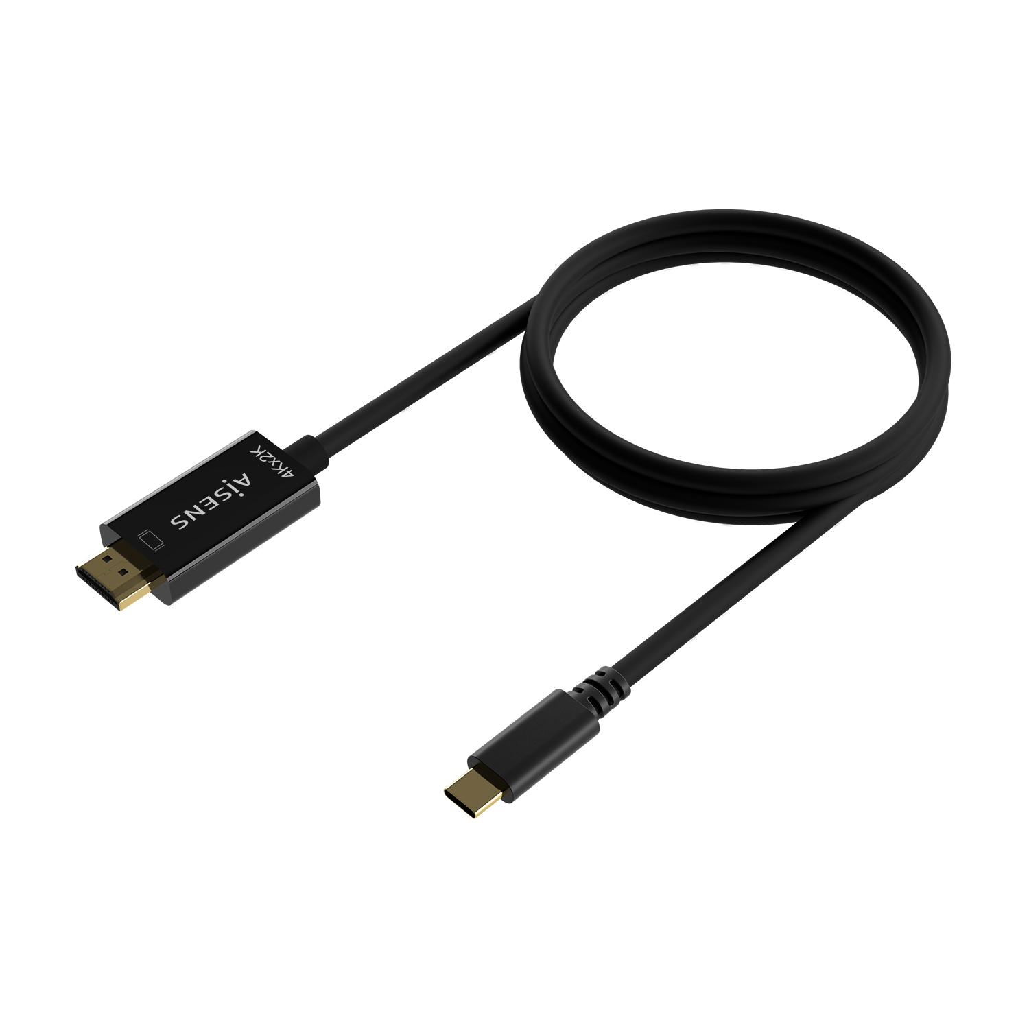 Un cable negro de HDMI a USB-C. Un extremo tiene un conector HDMI y el otro un conector USB-C. El cable está en bucle.