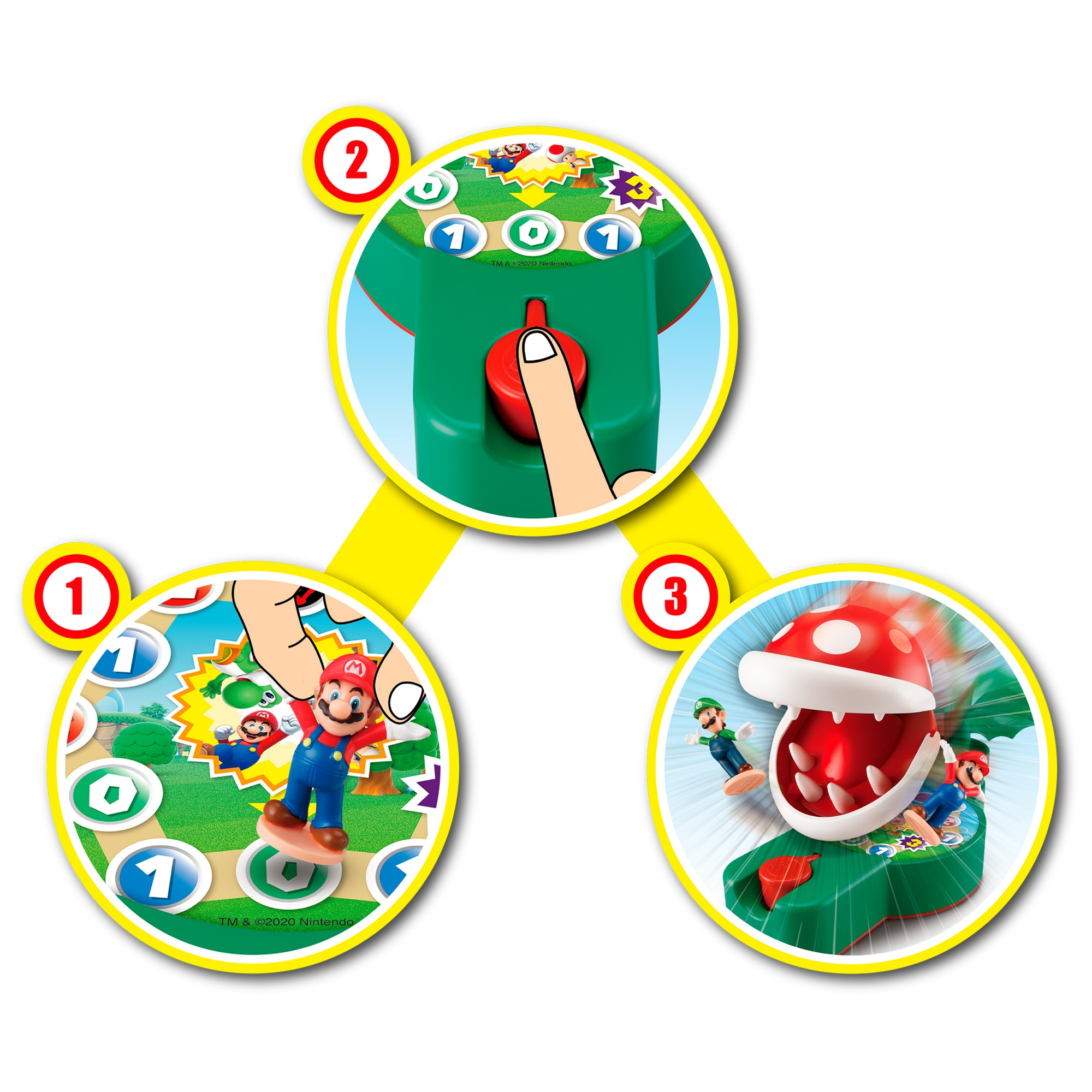 Gra z postaciami Mario. Zawiera planszę, figurki i przycisk. Gra pokazuje różne sceny z uniwersum Mario.