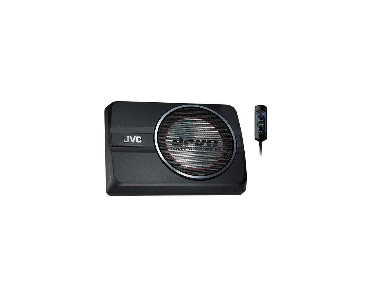 Un subwoofer JVC negro con el logo 'drvn' y un mando a distancia sobre fondo blanco.