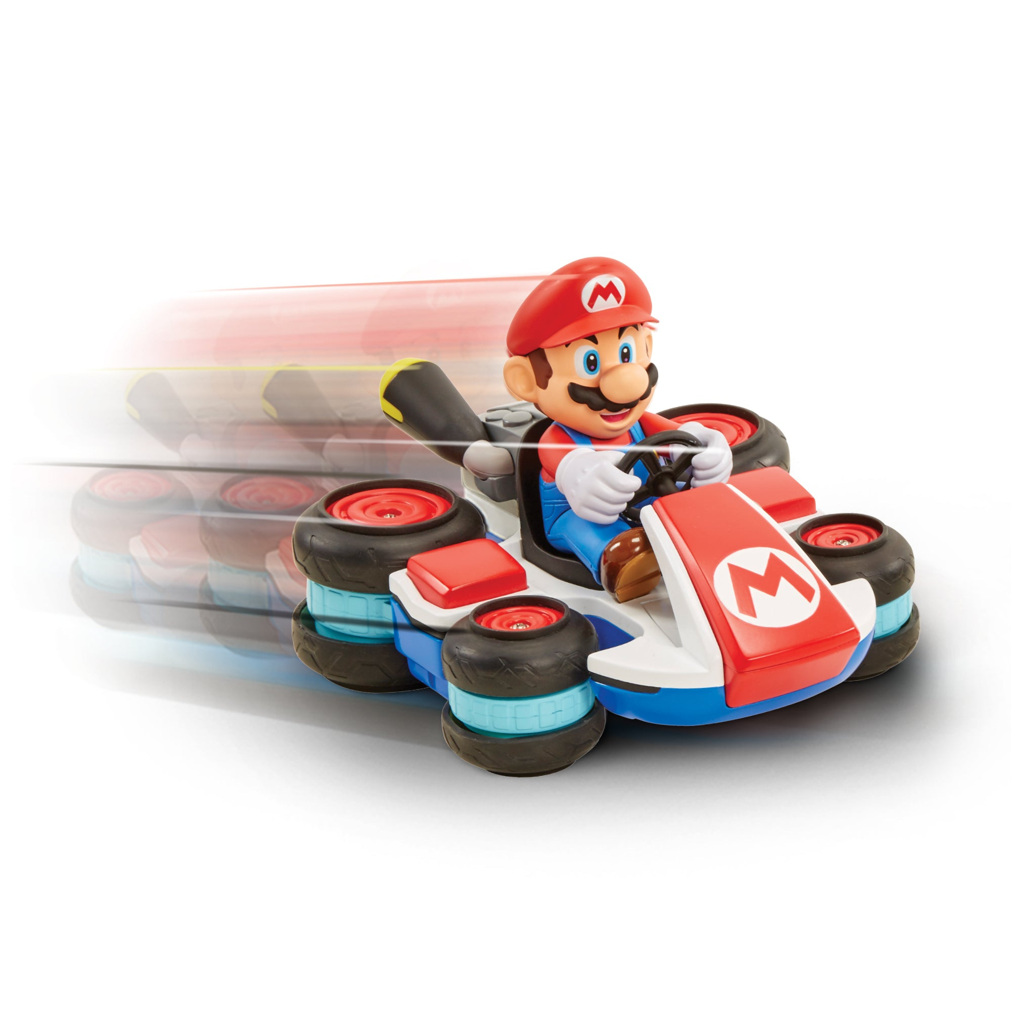 Mario in einem roten Kart mit Geschwindigkeitslinien. Kart hat blaue, rote und weiße Details. Mario trägt einen roten Hut.
