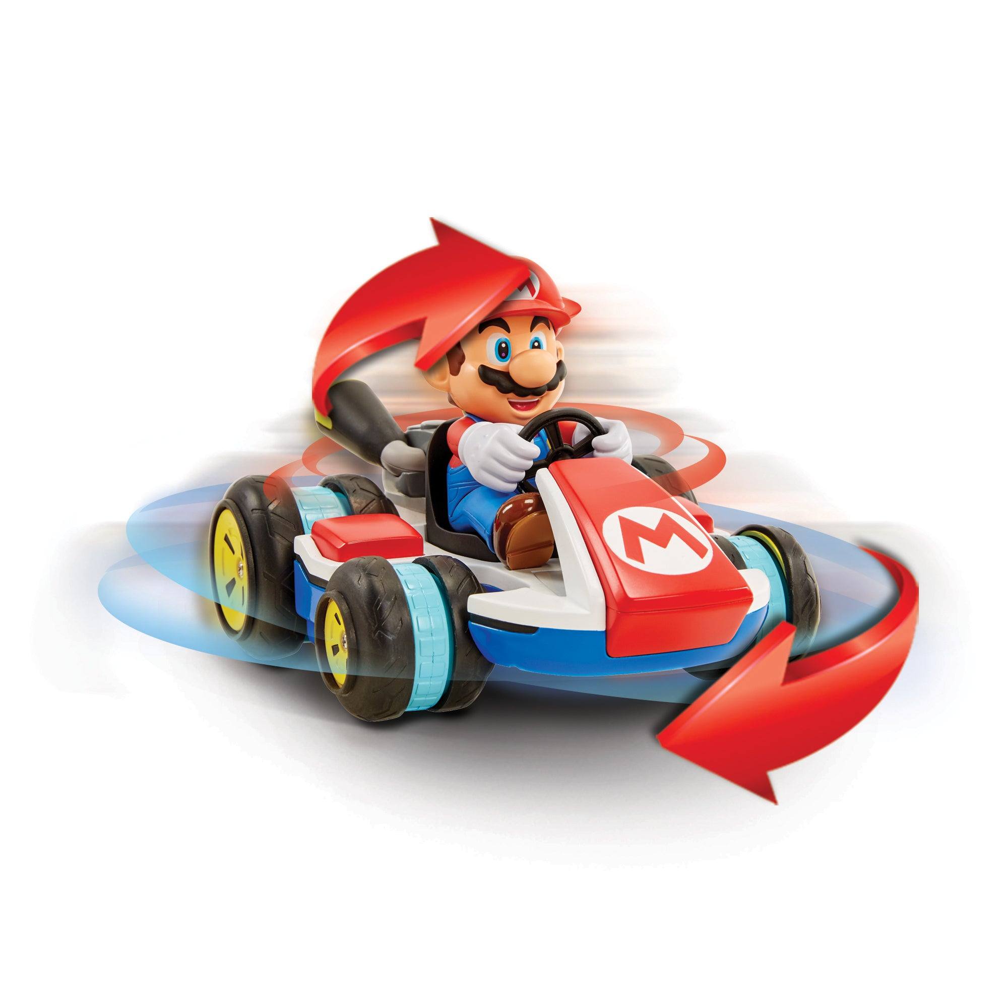 Mario in einem Go-Kart mit rotem Pfeil. Das Kart ist rot, weiß und blau. Der Hintergrund ist weiß mit Bewegungsunschärfe.