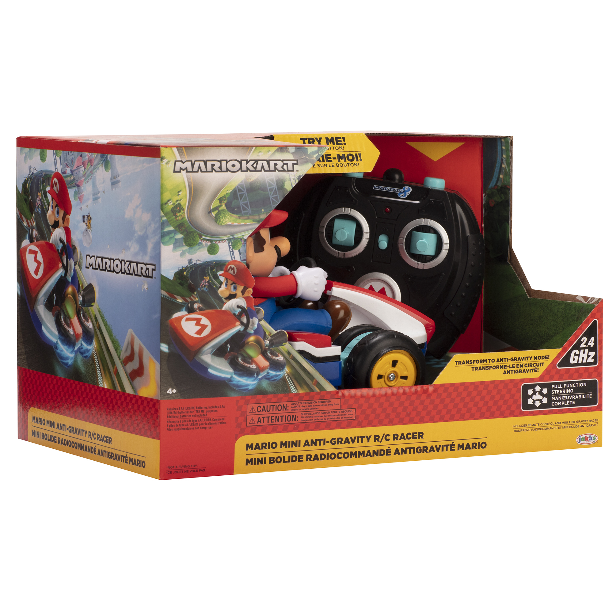 Verpacktes Mario Kart-Spielzeug. Enthält Mario in einem Kart, eine Fernbedienung und Text in mehreren Sprachen.