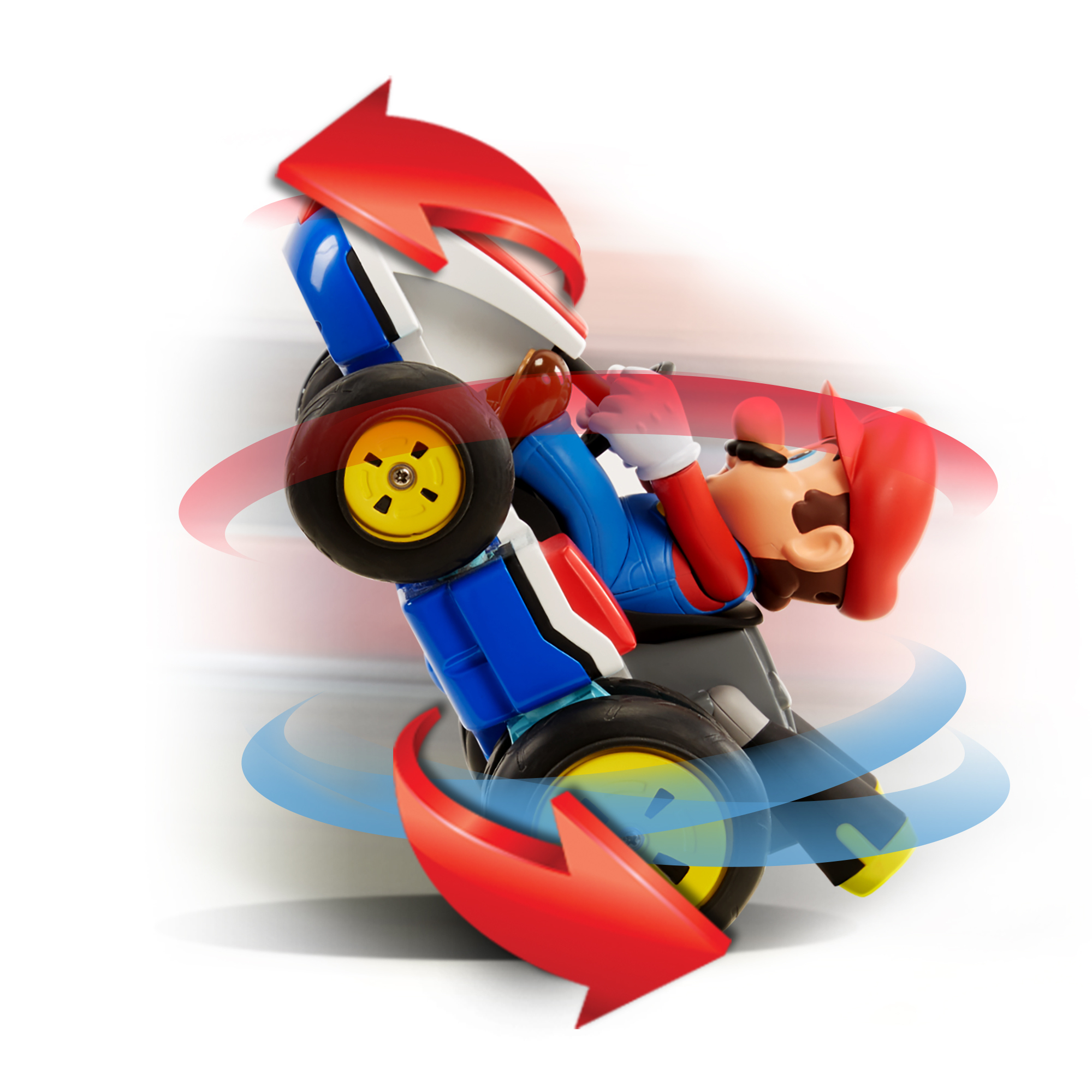 Mario in einem blau-roten Kart mit roten Pfeilen und Bewegungsunschärfe. Gelbe Räder.