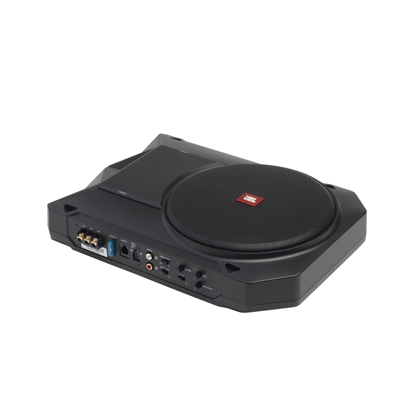Schwarzer JBL-Subwoofer für Autos. Er hat einen runden Lautsprecher mit Netzabdeckung und JBL-Logo. Er steht auf weißem Hintergrund.