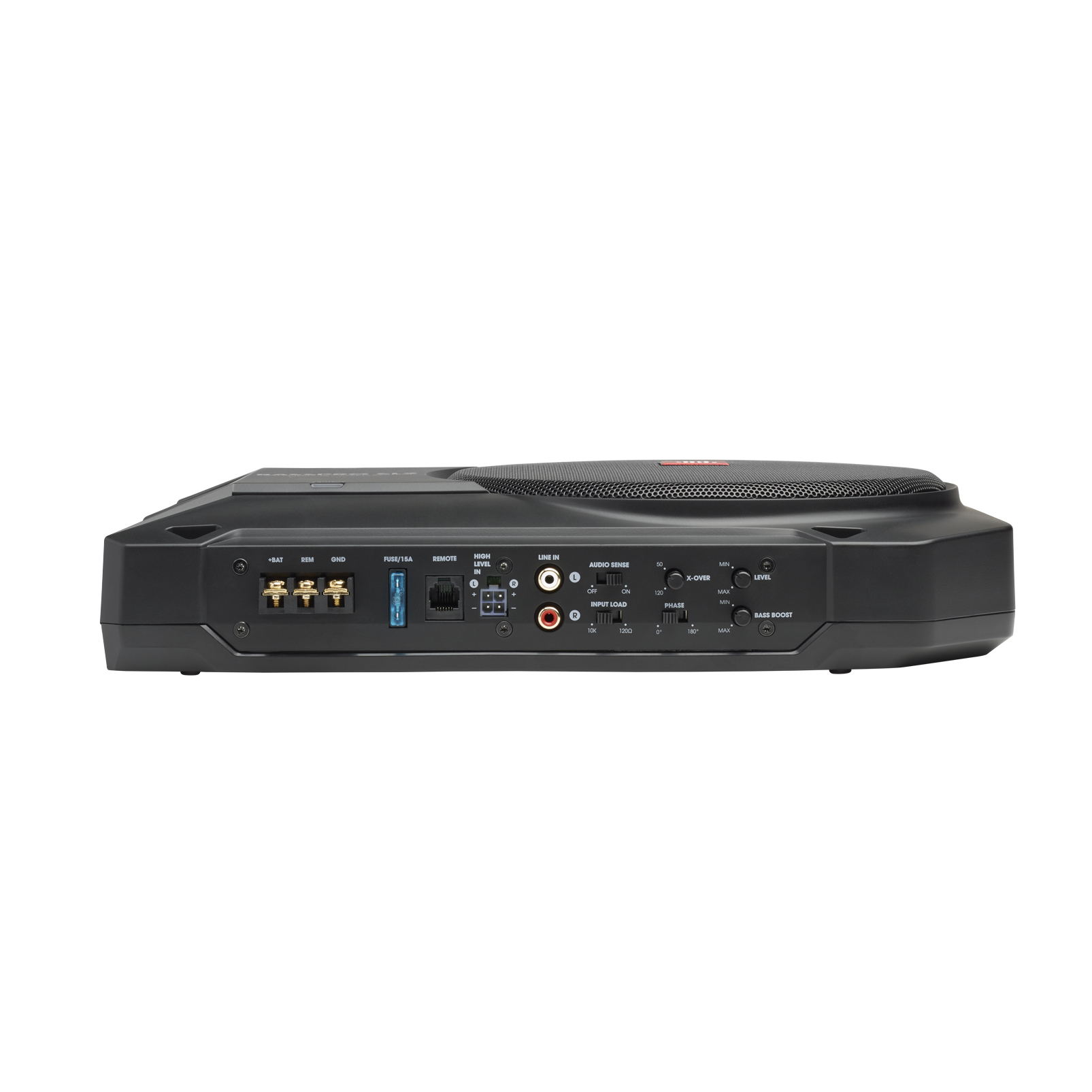 Ein schwarzer Subwoofer mit verschiedenen Eingangsanschlüssen und Knöpfen. Er hat ein Mesh-Lautsprechergitter und Anschlüsse hinten.